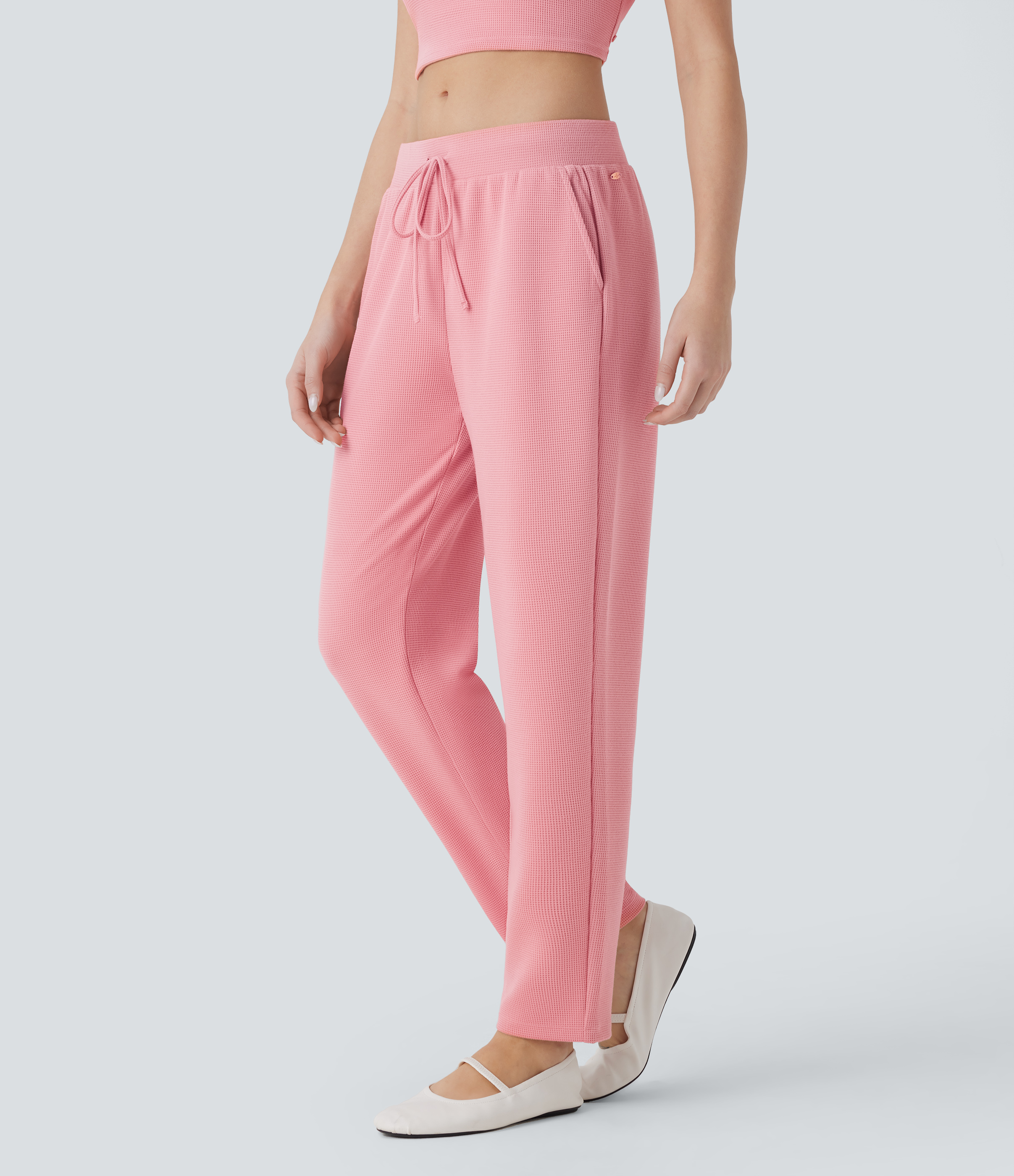 Low Rise Drawstring Pocket Tapered Waffle Lounge Pants