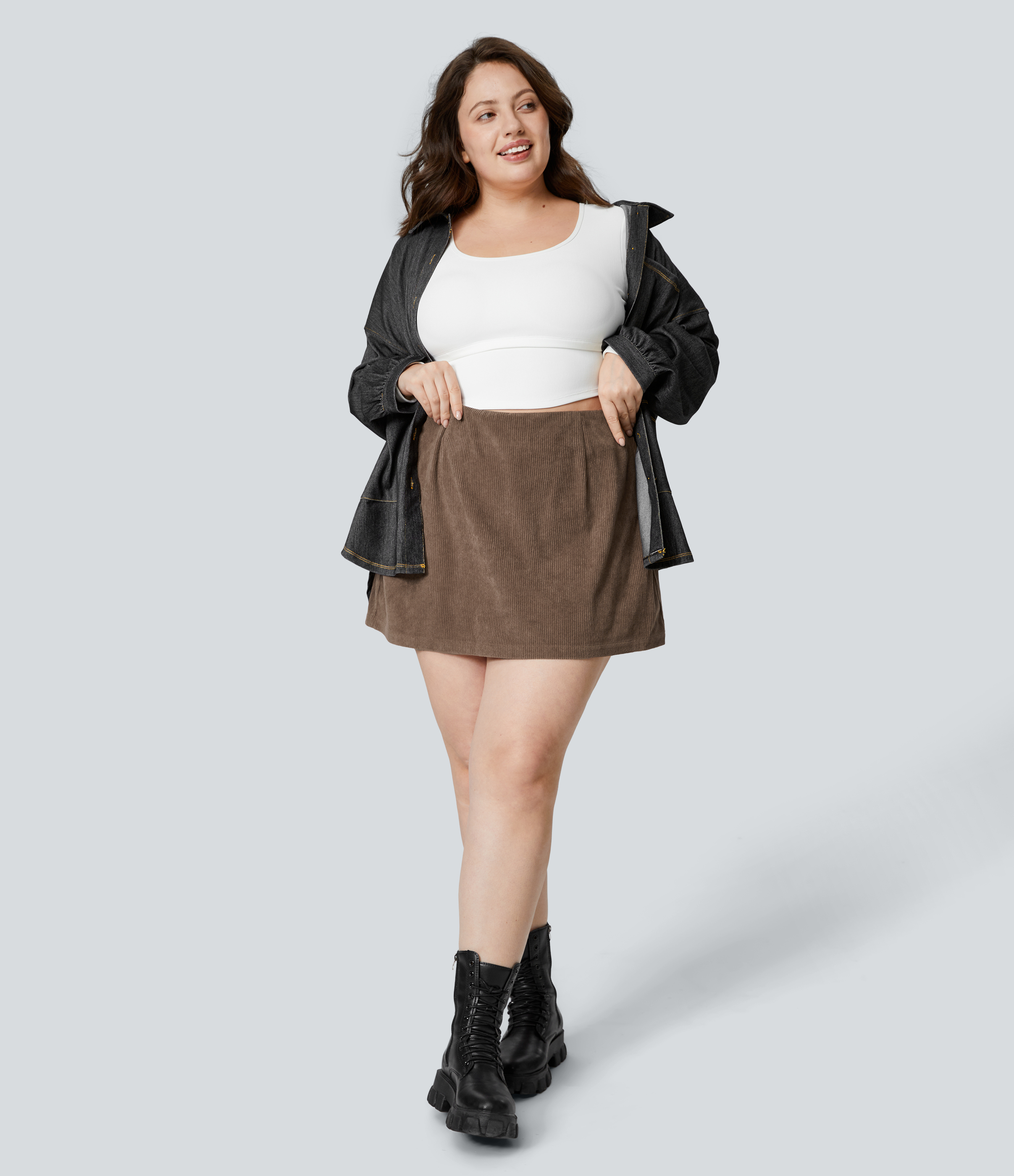 Halara High Waisted Invisible Zipper 2-in-1 A Line Mini Corduroy Casual Plus Size Skirt  - Cocoa Brown - 3X(regular) 