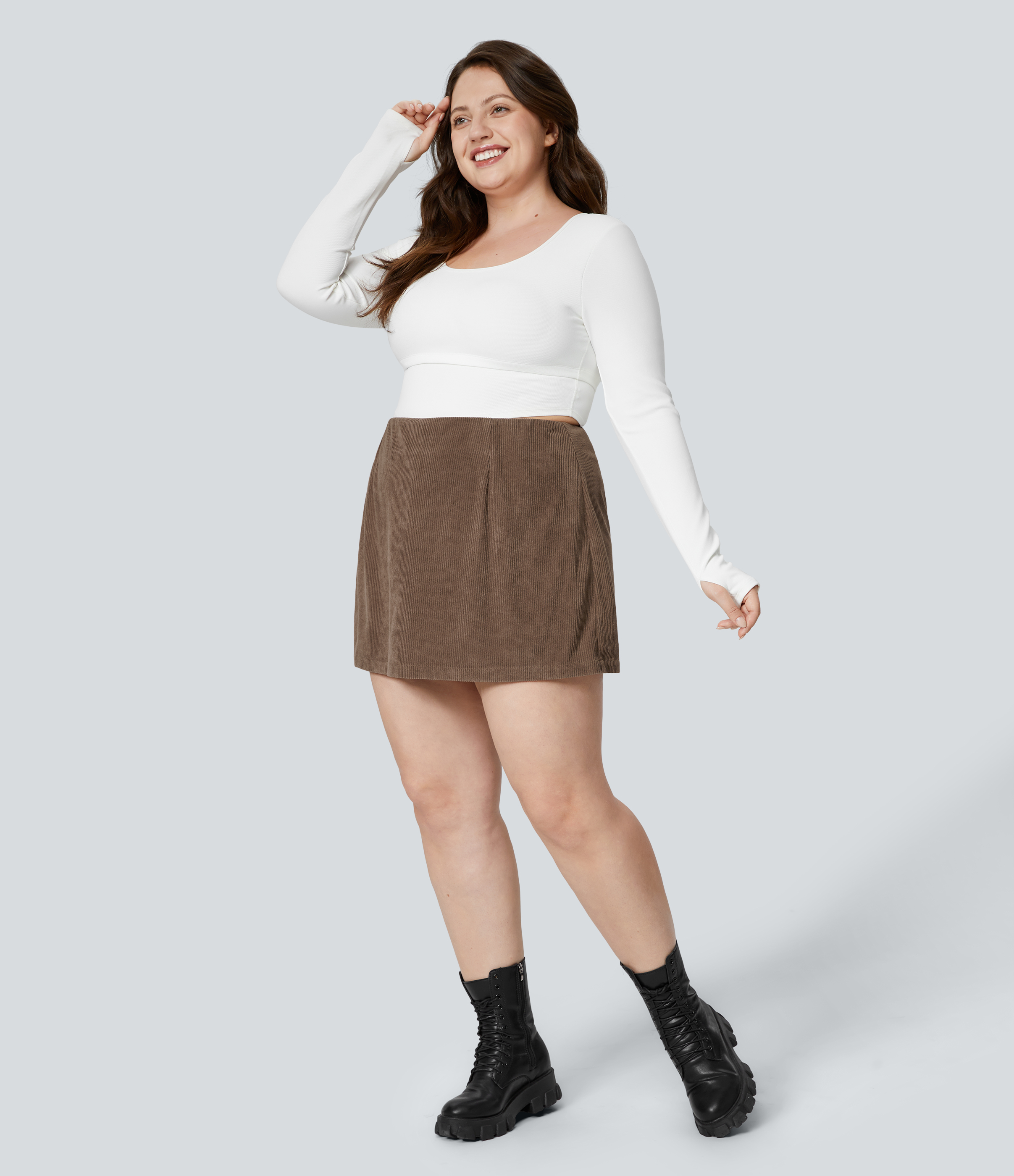 Halara High Waisted Invisible Zipper 2-in-1 A Line Mini Corduroy Casual Plus Size Skirt  - Cocoa Brown - 3X(regular) 