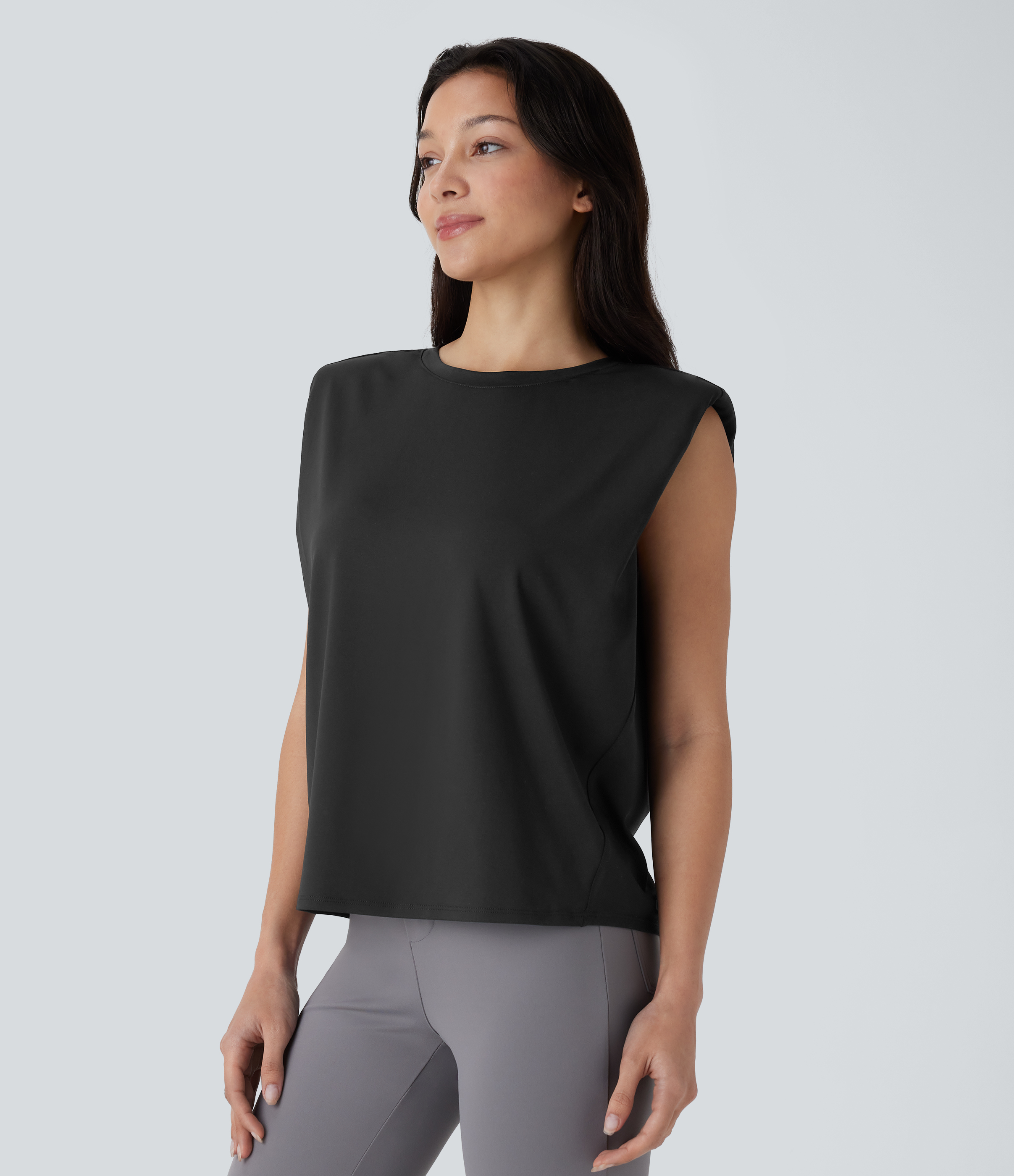 Halara Round Neck Shoulder Pads Sleeveless Work Top Tank Top - Black - S golf tops halter top tunic tops sleeveless tops backless top 