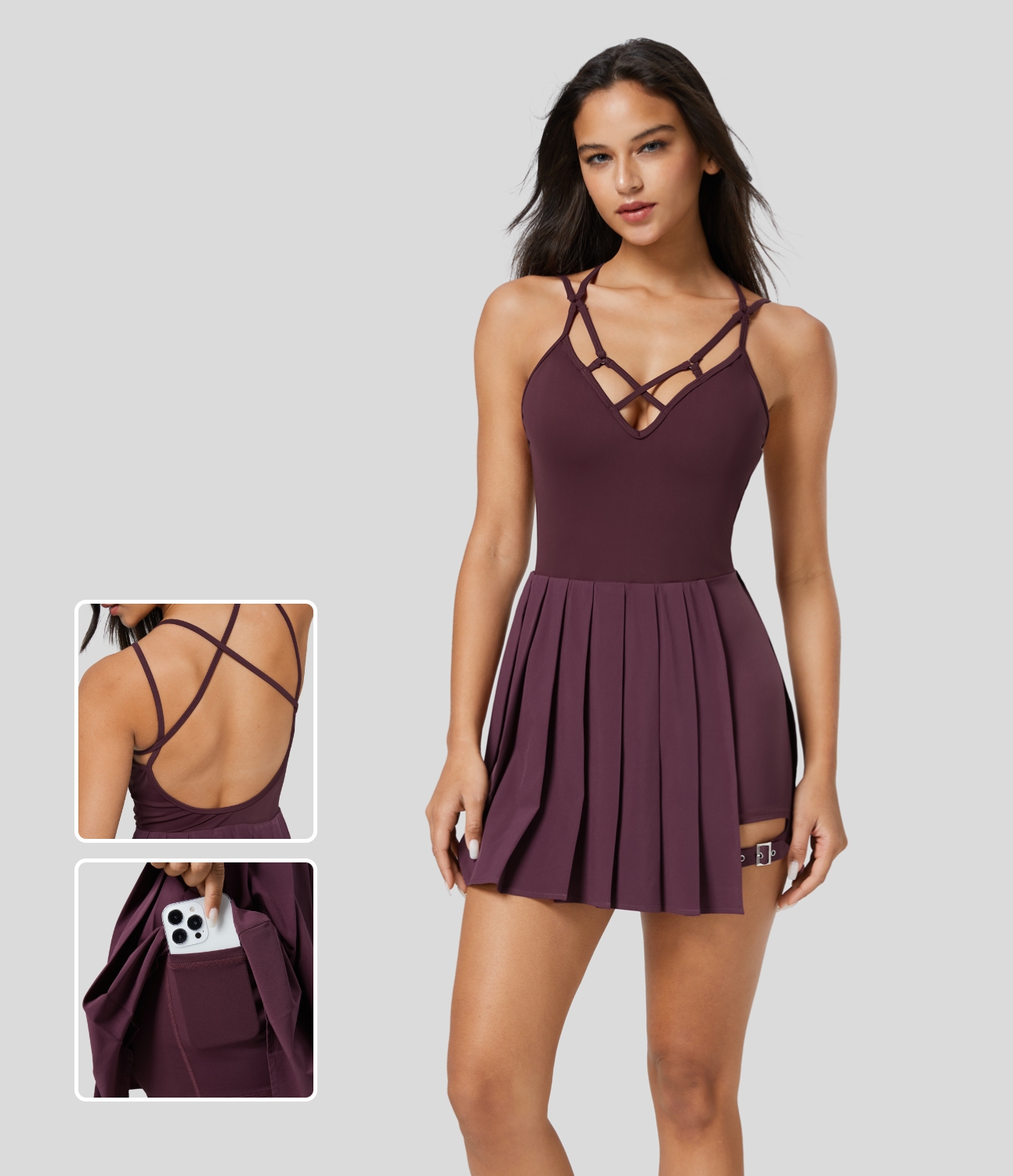 

Halara Breezefulв„ў Backless Pleated 2-in-1 Pocket Quick Dry Mini Active Dress Workout Dress - Amaranth