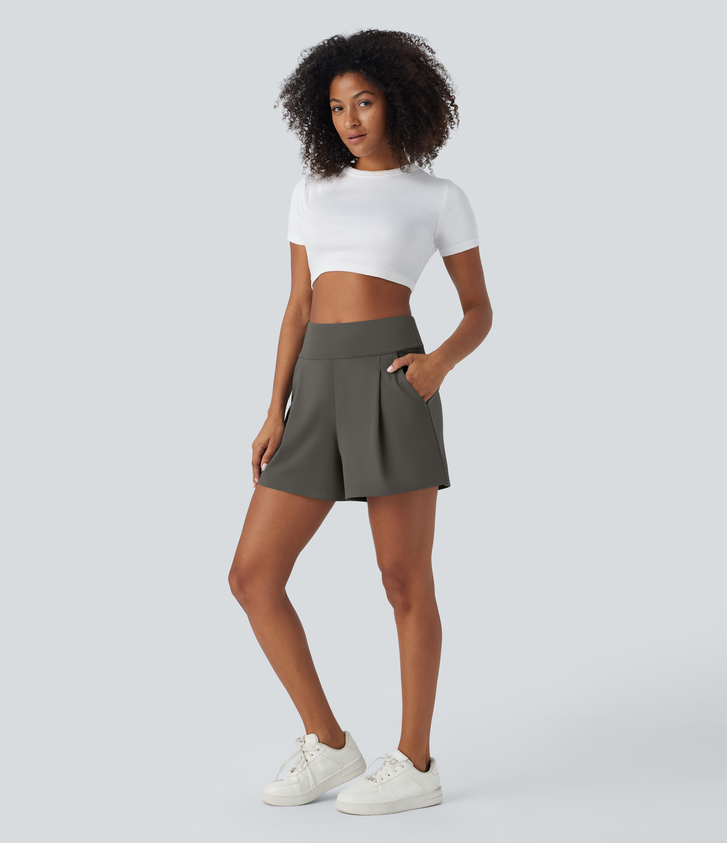 Halara High Waisted Plicated Side Pocket Wide Leg Work Shorts  - Deep Red Grey - S 