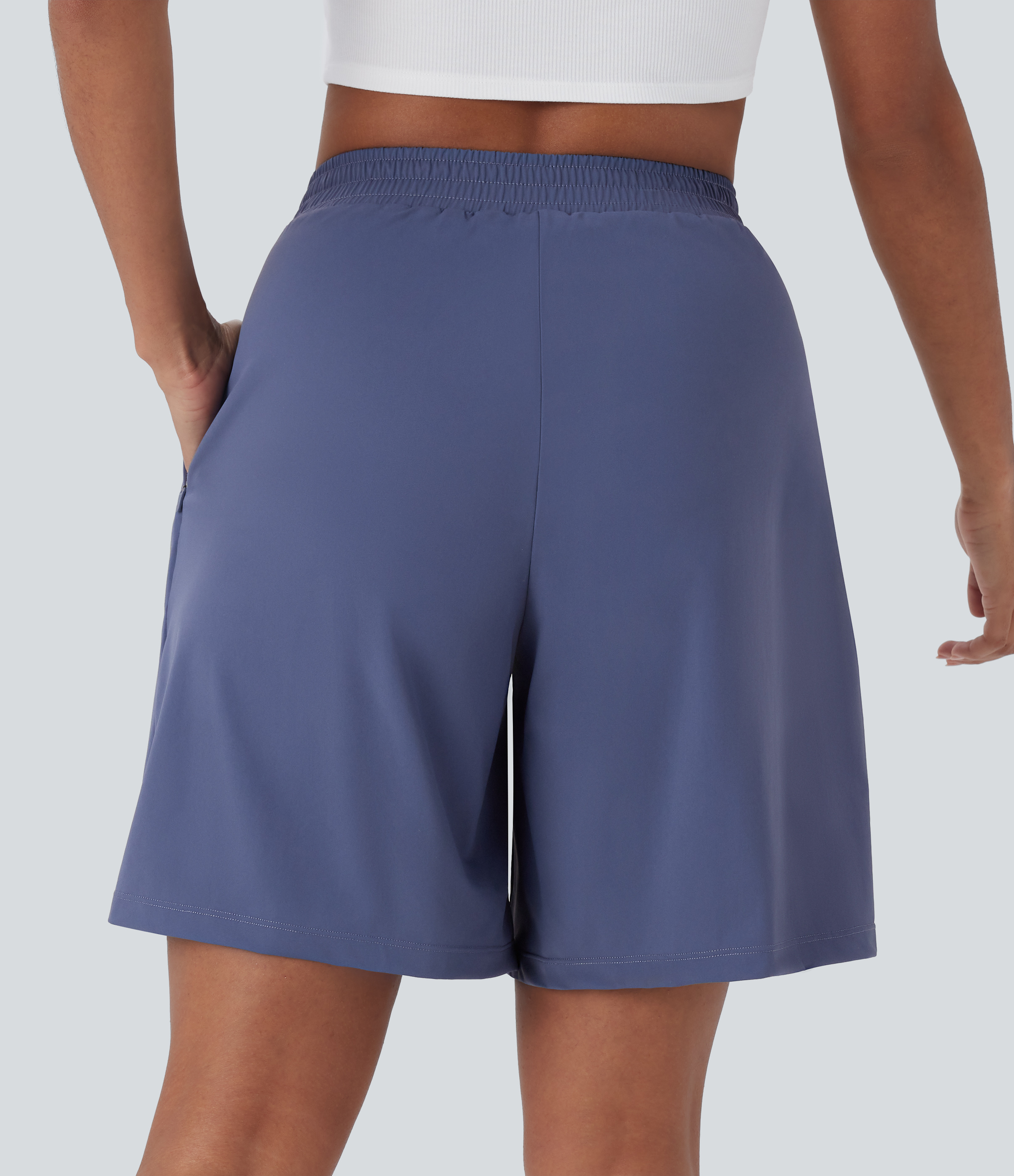 Halara High Waisted Side Zipper Pockets Work Bermuda Shorts  - Nightshadow Blue - M booty shorts compression shorts yoga shorts 