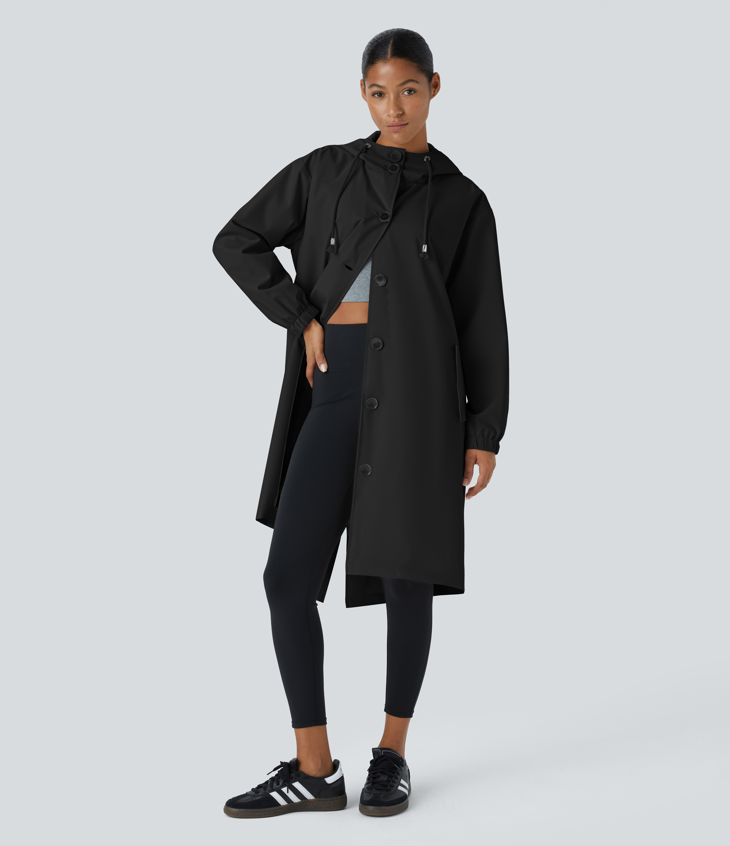 Halara Water Repellent Hooded Drawstring Button Long Sleeve Side Pocket Split Longline Hiking Jacket  - Black - XS 