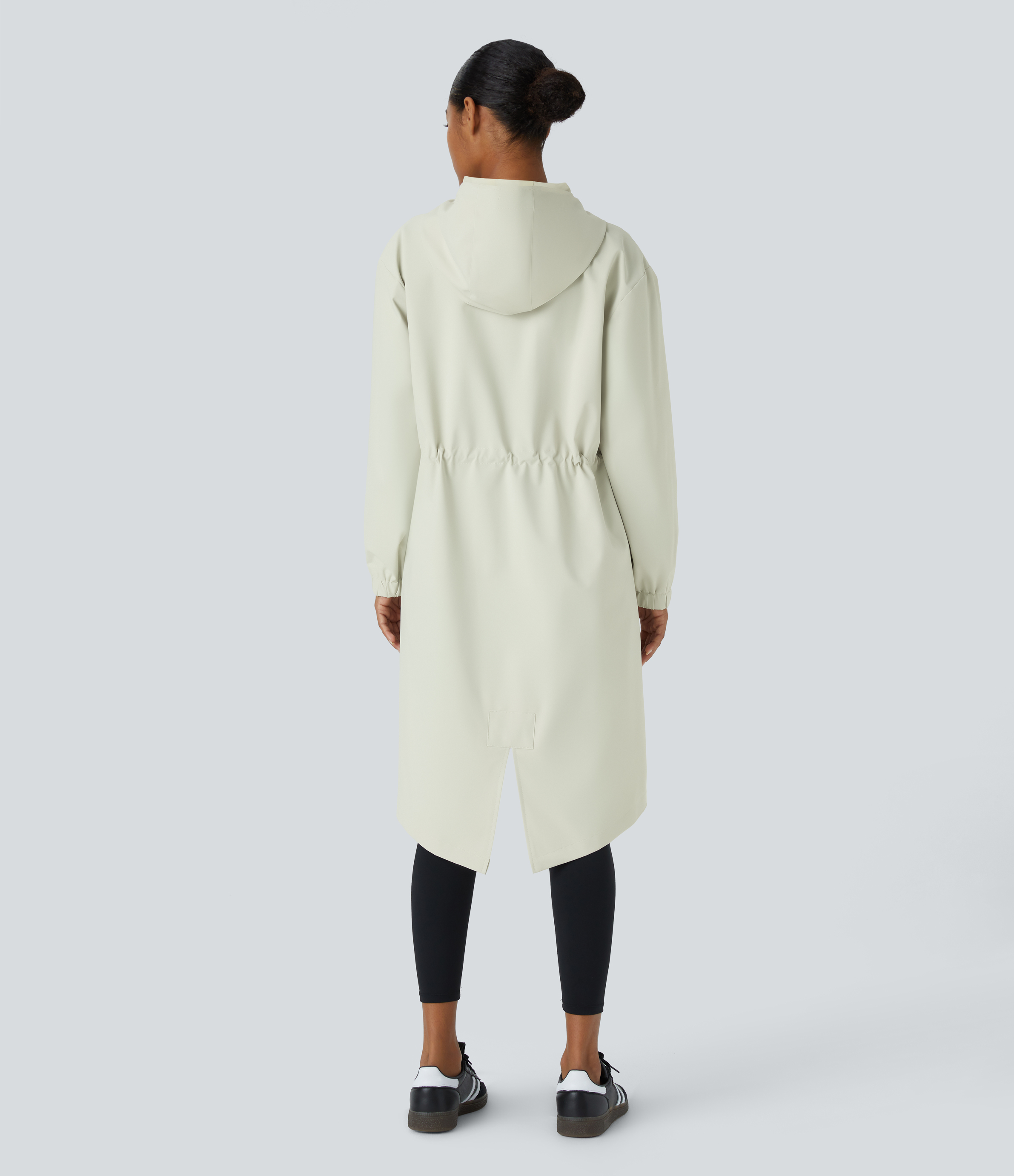 Halara Water Repellent Hooded Drawstring Button Long Sleeve Side Pocket Split Longline Hiking Jacket  - Powder White - M 