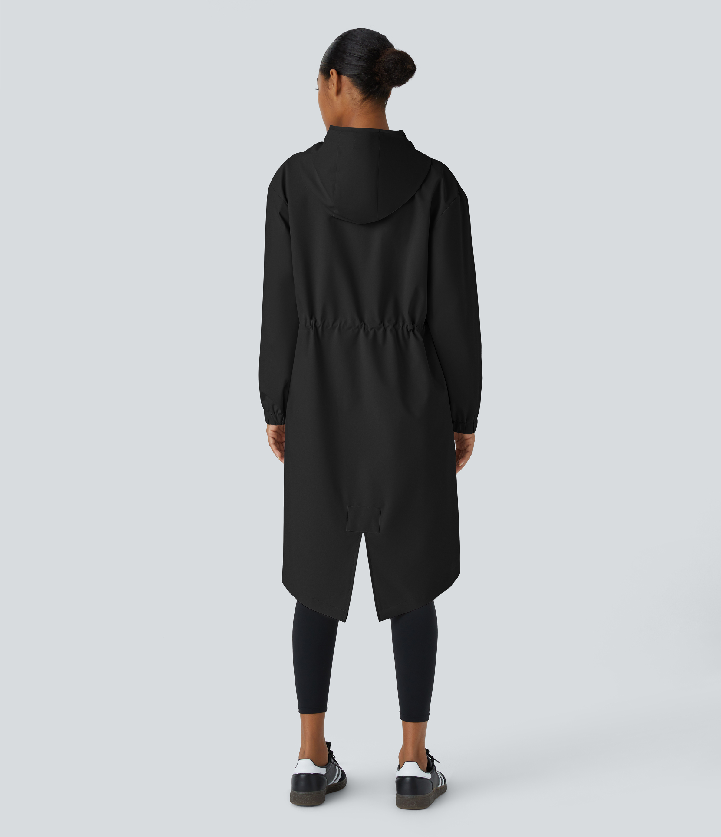Halara Water Repellent Hooded Drawstring Button Long Sleeve Side Pocket Split Longline Hiking Jacket  - Black - XS 