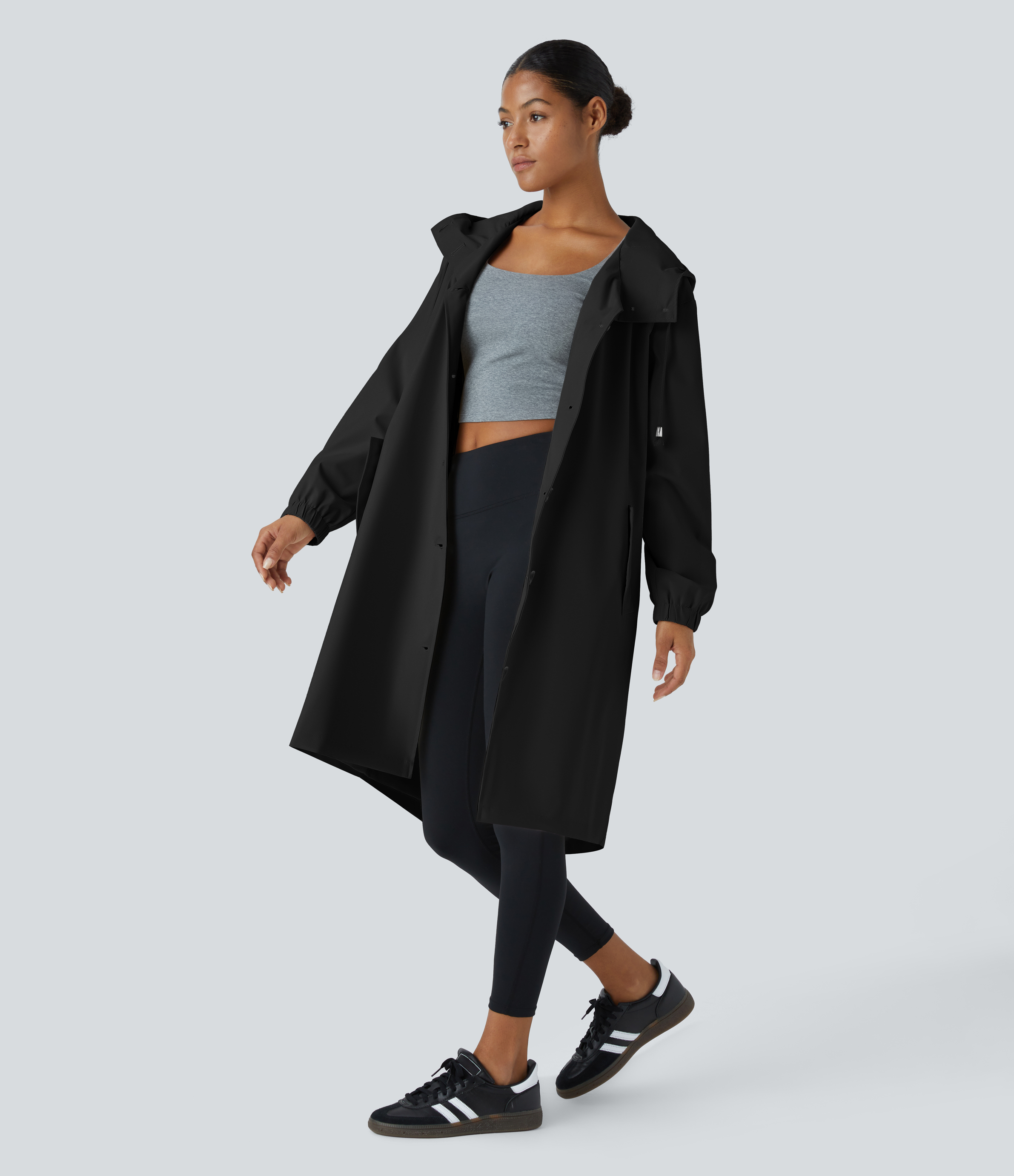 Halara Water Repellent Hooded Drawstring Button Long Sleeve Side Pocket Split Longline Hiking Jacket  - Black - XS 