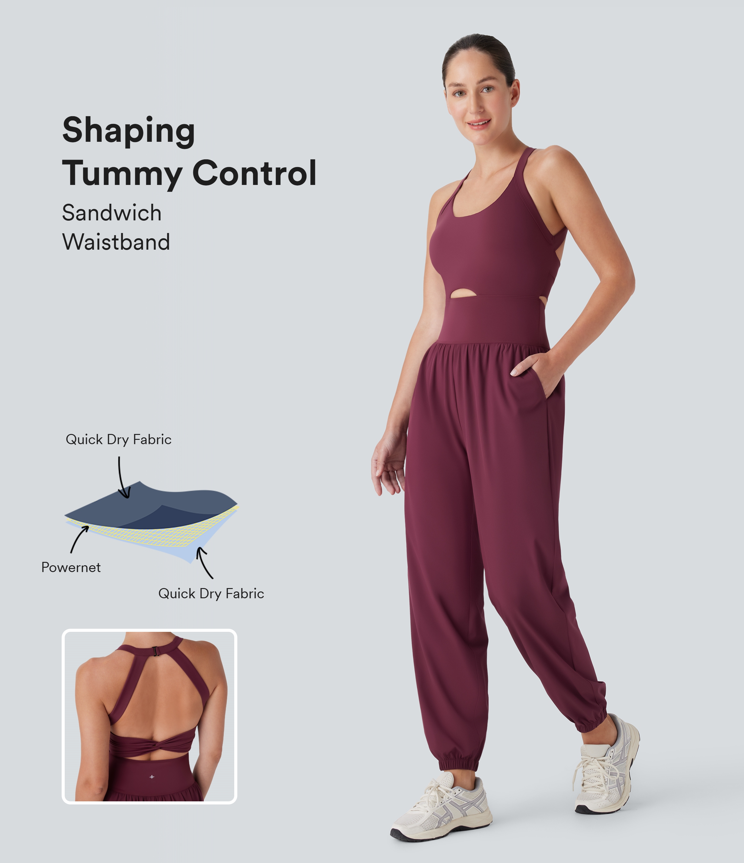 Amaranth Mono Breezeful™ SoCinched yoga secado rápido bolsillo lateral control abdomen torcido cuello U recortado sin espalda / 1