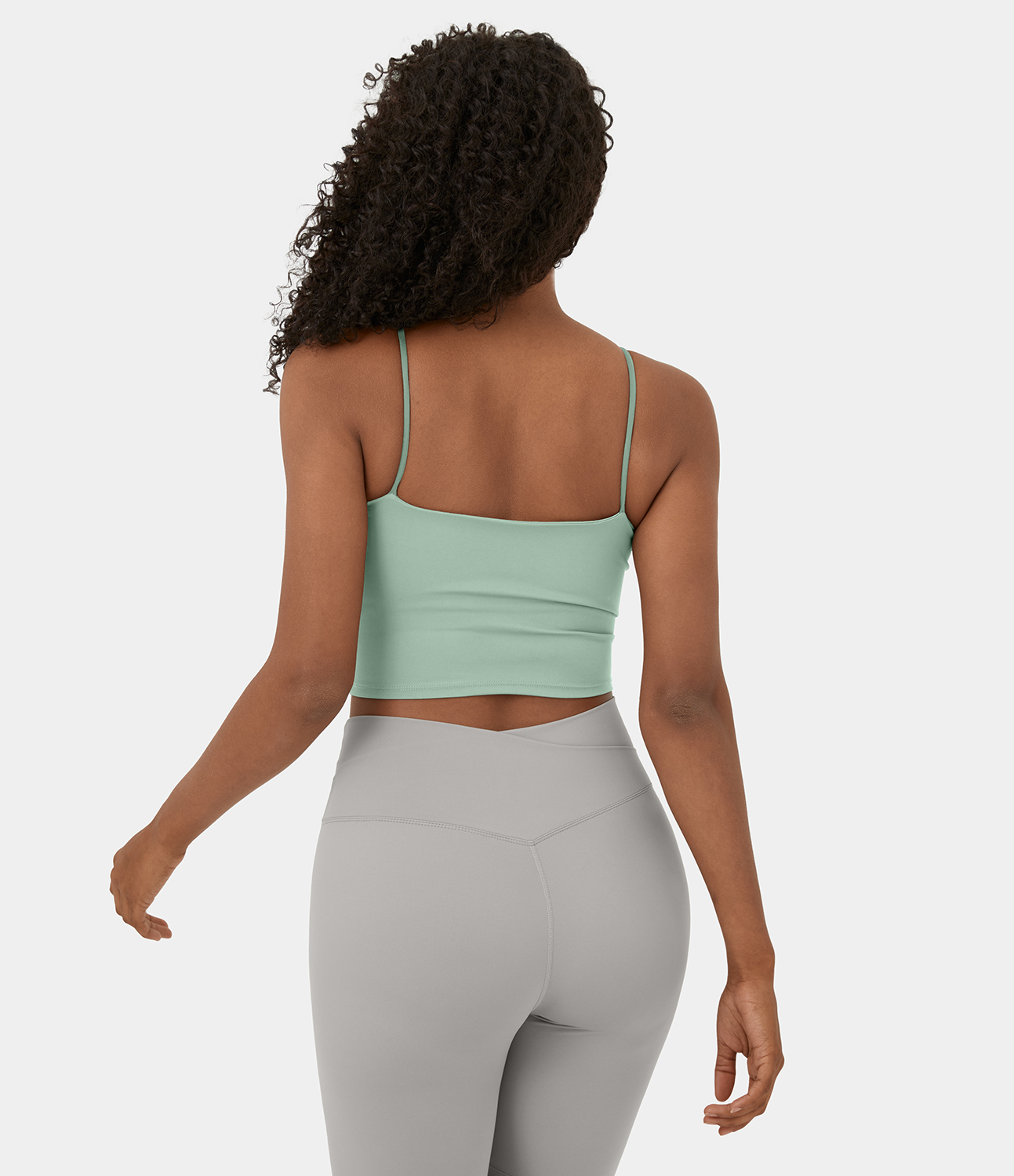 Halara Softlyzeroв„ў Plush Spaghetti Strap Backless Curved Hem Cropped Casual Tank Top Tank Top - Subtle Green - S golf tops halter top 