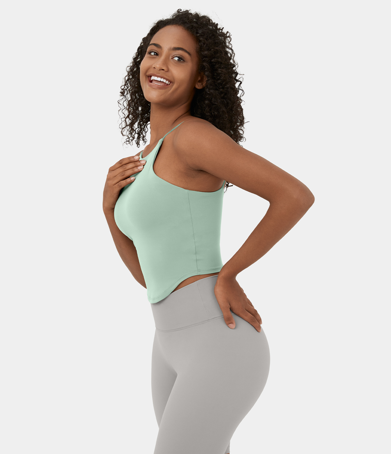 Halara Softlyzeroв„ў Plush Spaghetti Strap Backless Curved Hem Cropped Casual Tank Top Tank Top - Subtle Green - S golf tops halter top 