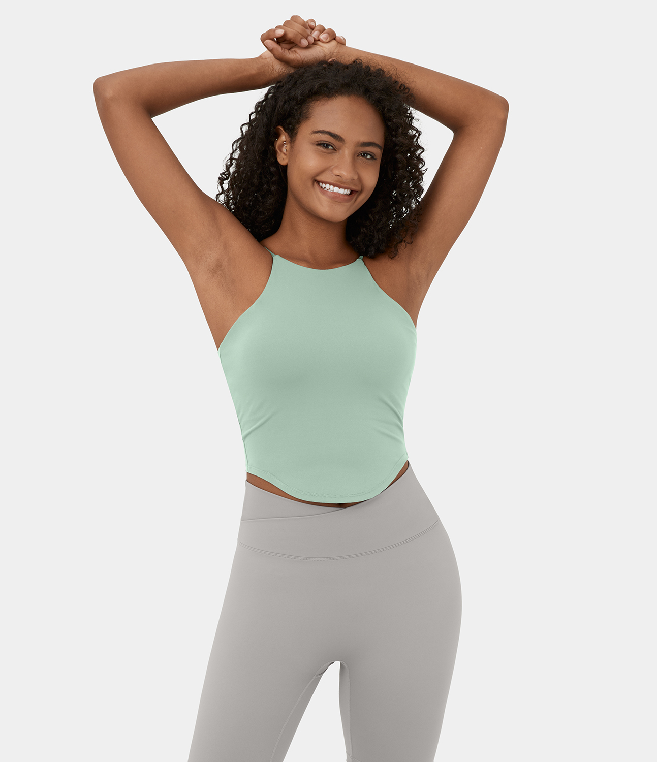 Halara Softlyzeroв„ў Plush Spaghetti Strap Backless Curved Hem Cropped Casual Tank Top Tank Top - Subtle Green - S golf tops halter top 