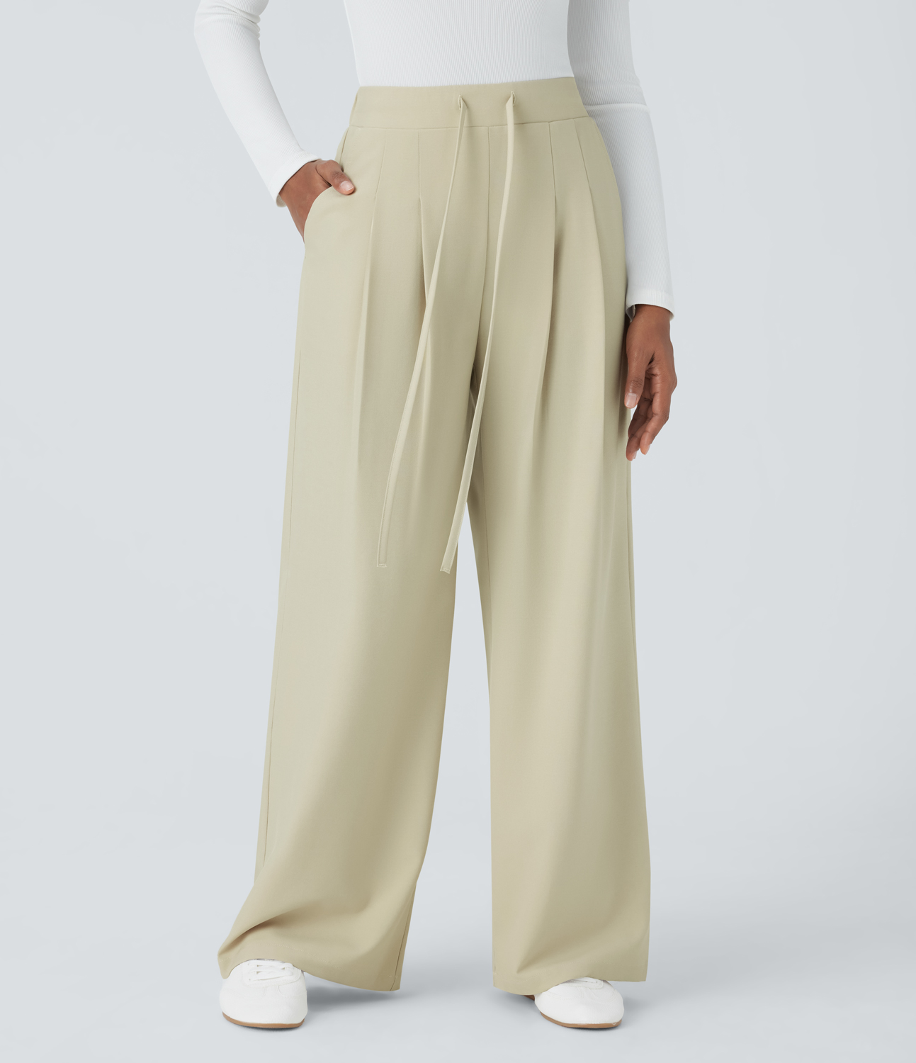 Halara High Waisted Drawstring Plicated Side Pocket Wide Leg Work Pants  - Asparagus Green - S(regular) sweatpants jogger pants 