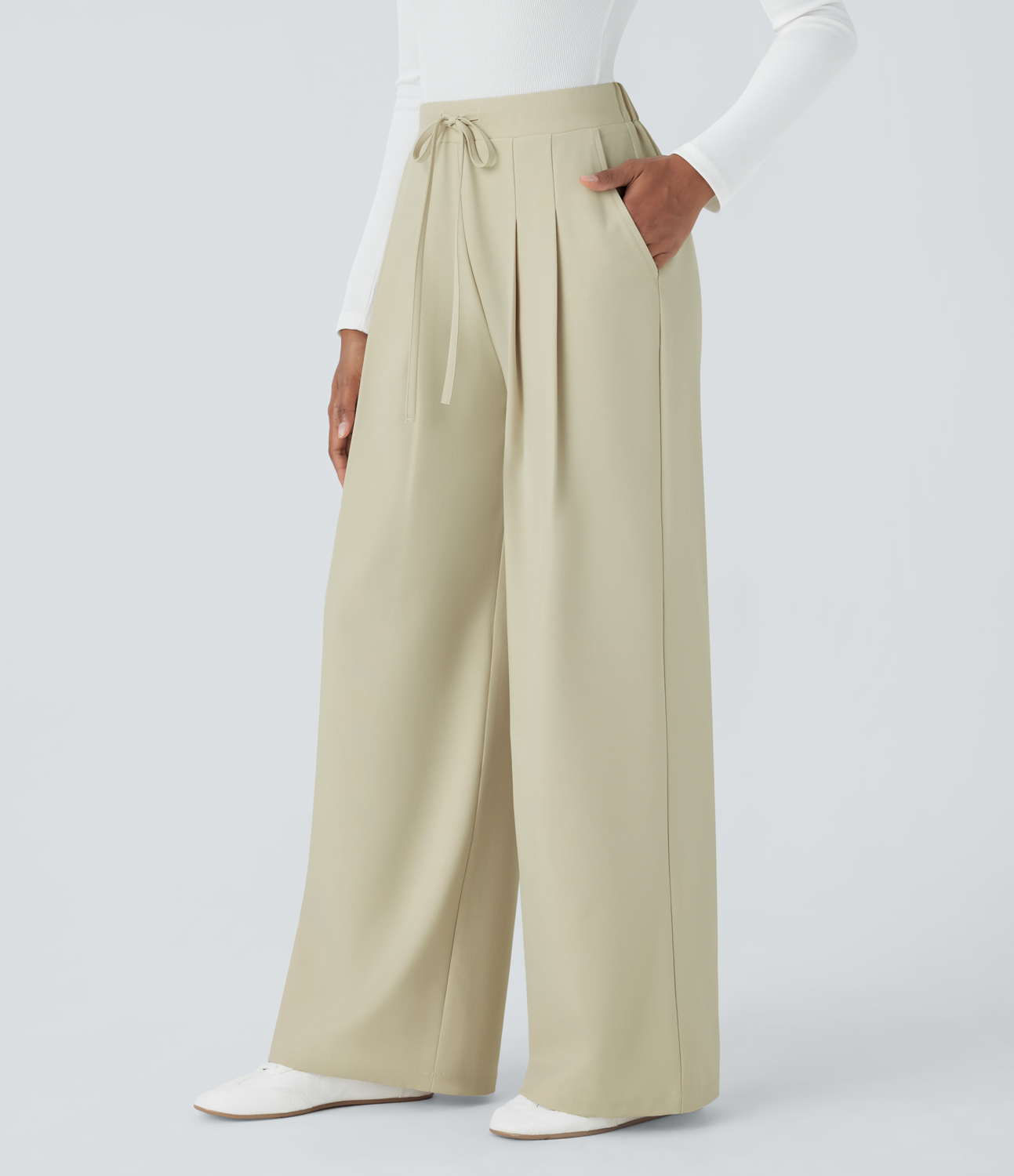 Halara High Waisted Drawstring Plicated Side Pocket Wide Leg Work Pants  - Asparagus Green - S(regular) sweatpants jogger pants 