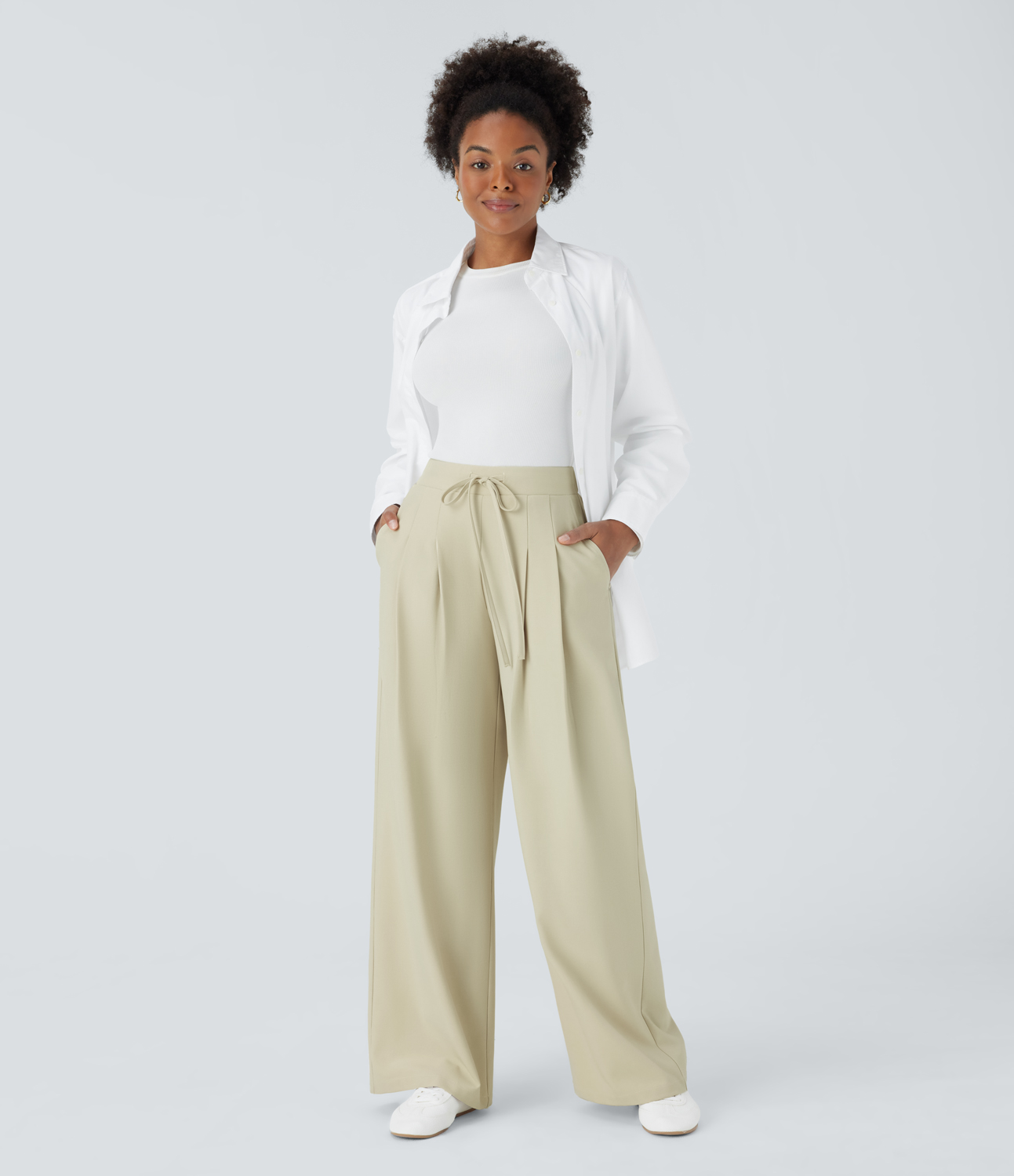 Halara High Waisted Drawstring Plicated Side Pocket Wide Leg Work Pants  - Asparagus Green - S(regular) sweatpants jogger pants 