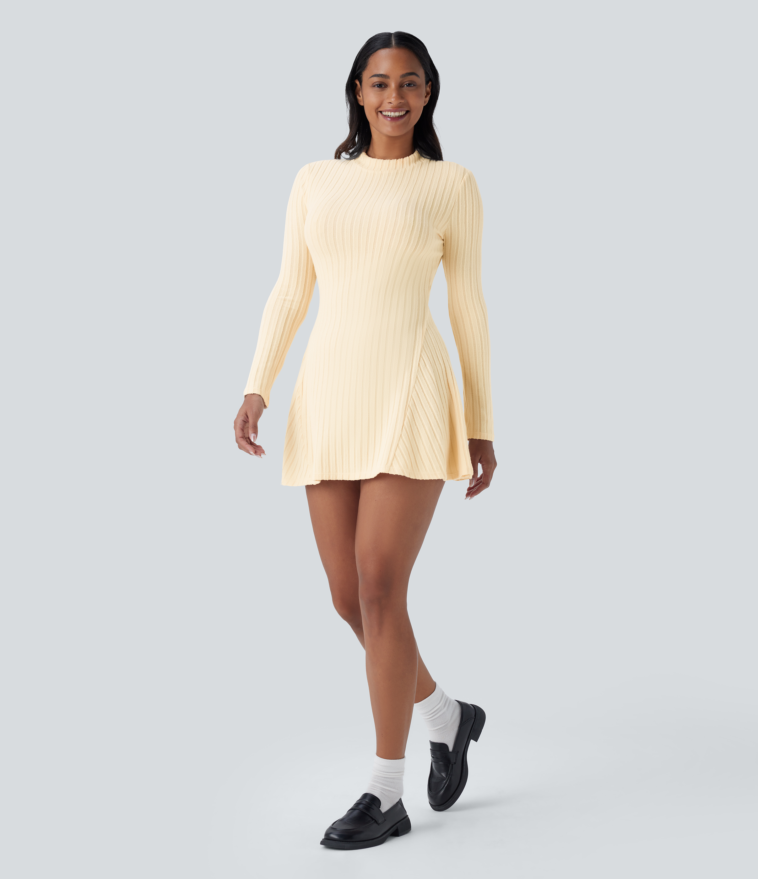 Halara Ribbed Knit Stand Collar Long Sleeve Mini Casual Dress Casual Dress - Buttercream - S slip dress beach dress ruched dress halter dress 