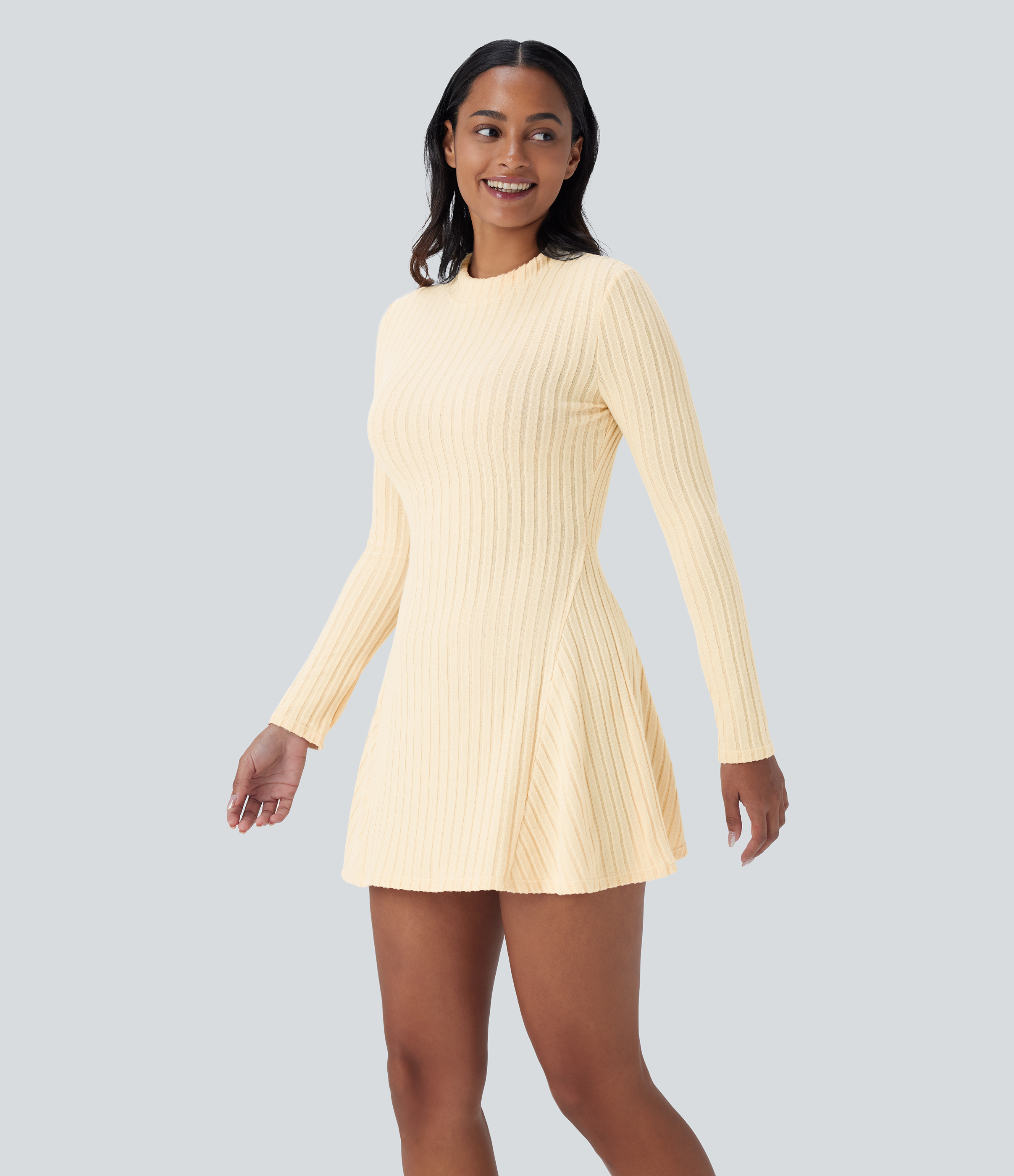 Halara Ribbed Knit Stand Collar Long Sleeve Mini Casual Dress Casual Dress - Buttercream - S slip dress beach dress ruched dress halter dress 