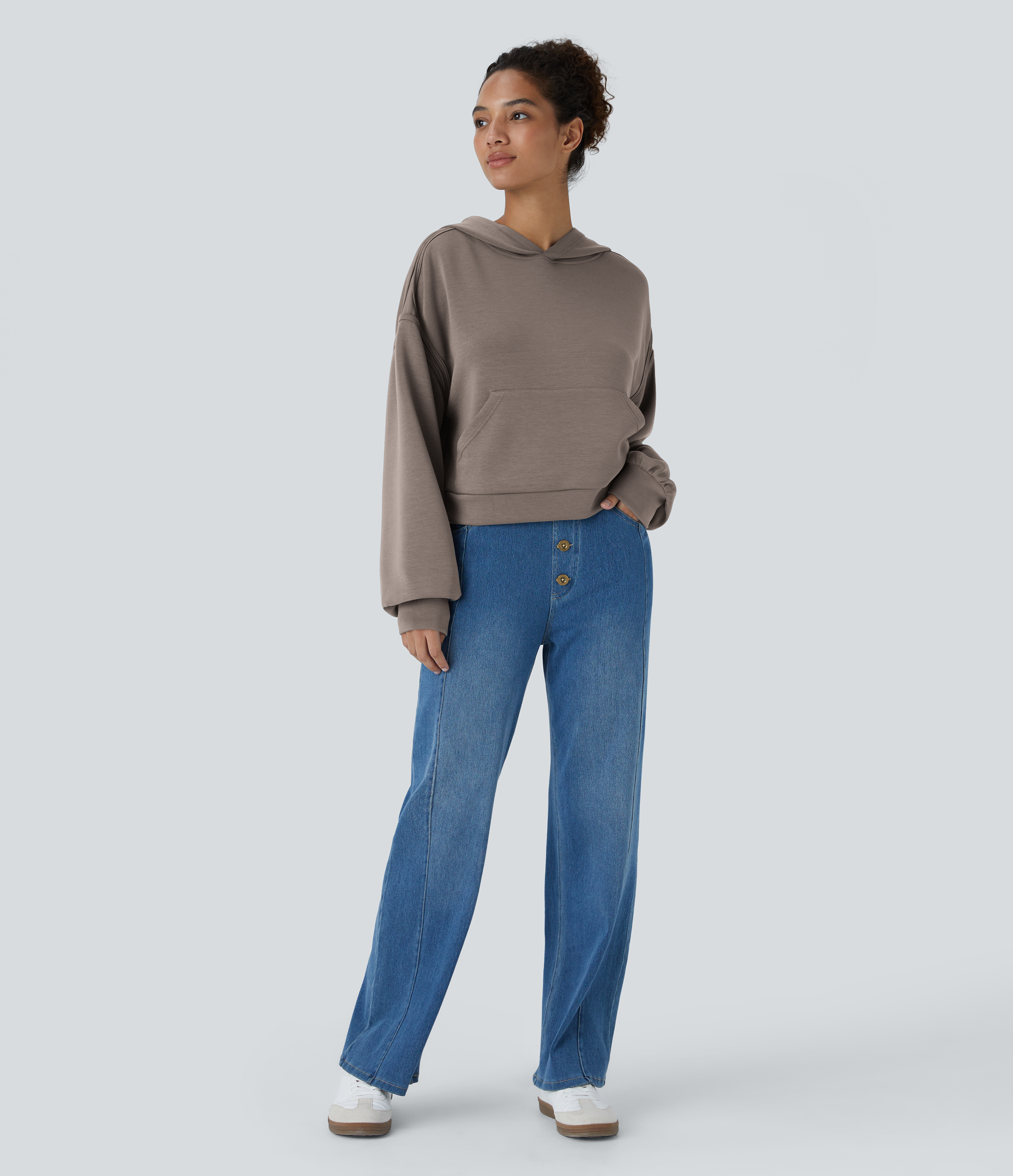 Halara SpacerTekв„ў Hooded Dropped Shoulder Kangaroo Pocket Cropped Relax Casual Sweatshirt  - Cinder - XS 