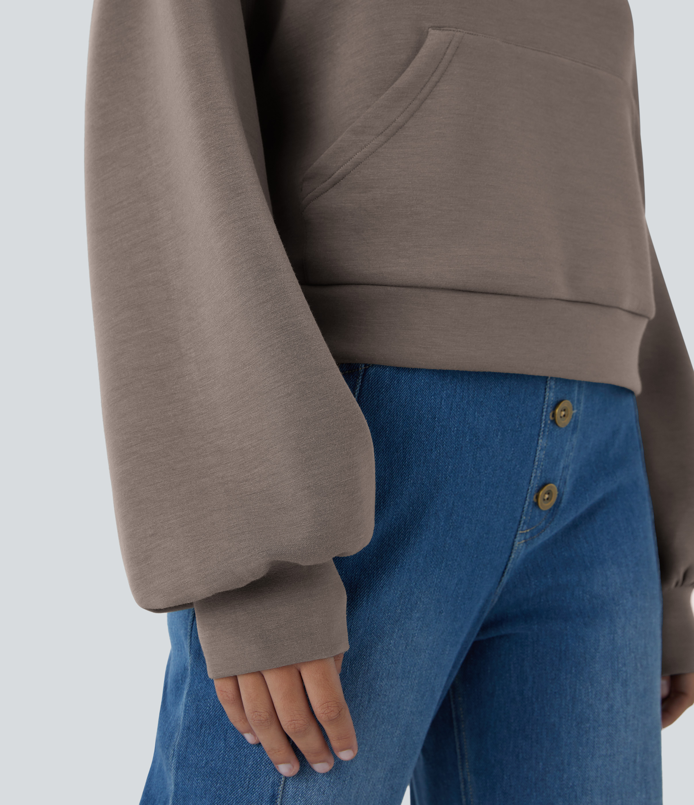 Halara SpacerTekв„ў Hooded Dropped Shoulder Kangaroo Pocket Cropped Relax Casual Sweatshirt  - Cinder - XS 