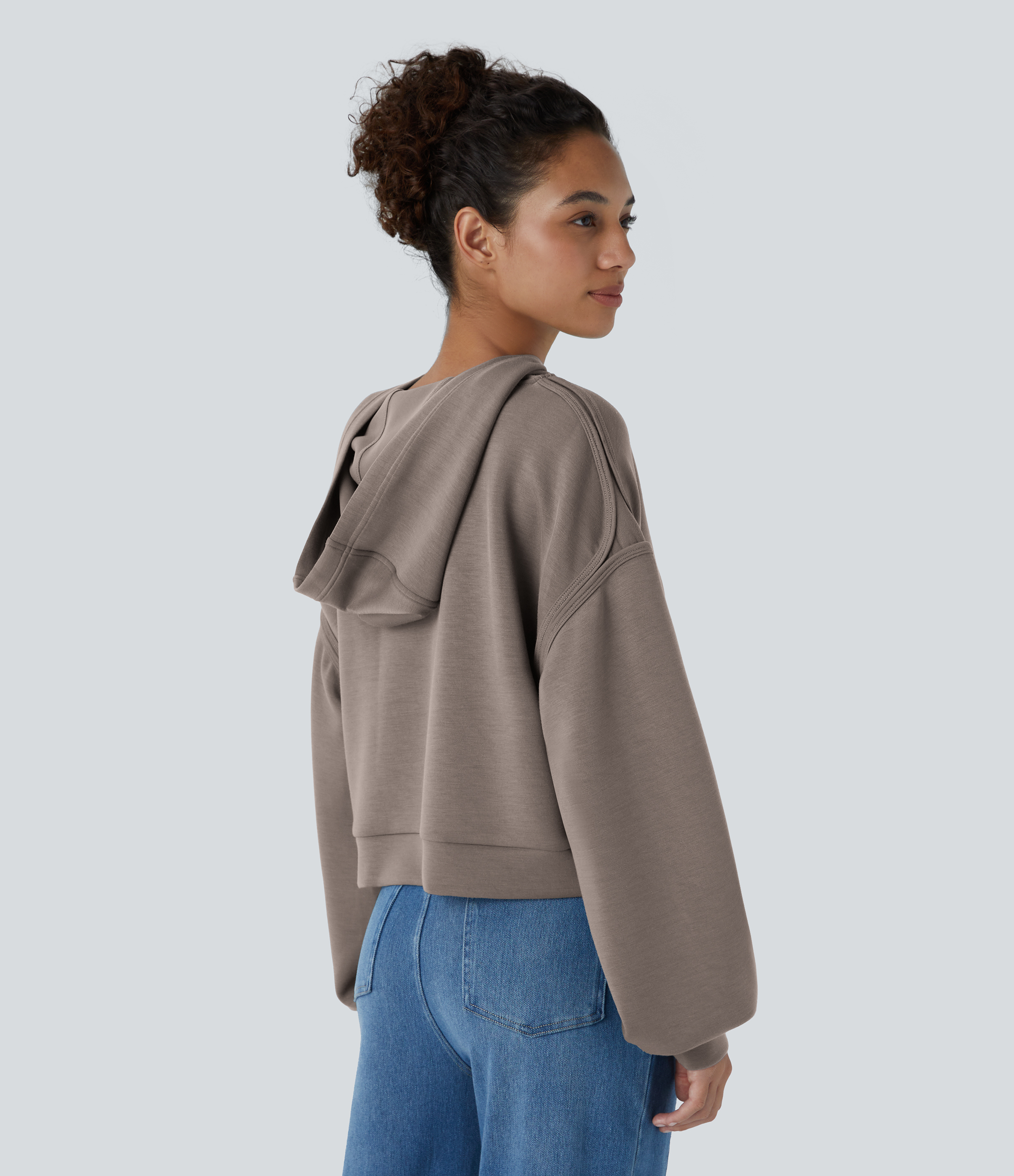Halara SpacerTekв„ў Hooded Dropped Shoulder Kangaroo Pocket Cropped Relax Casual Sweatshirt  - Cinder - XS 