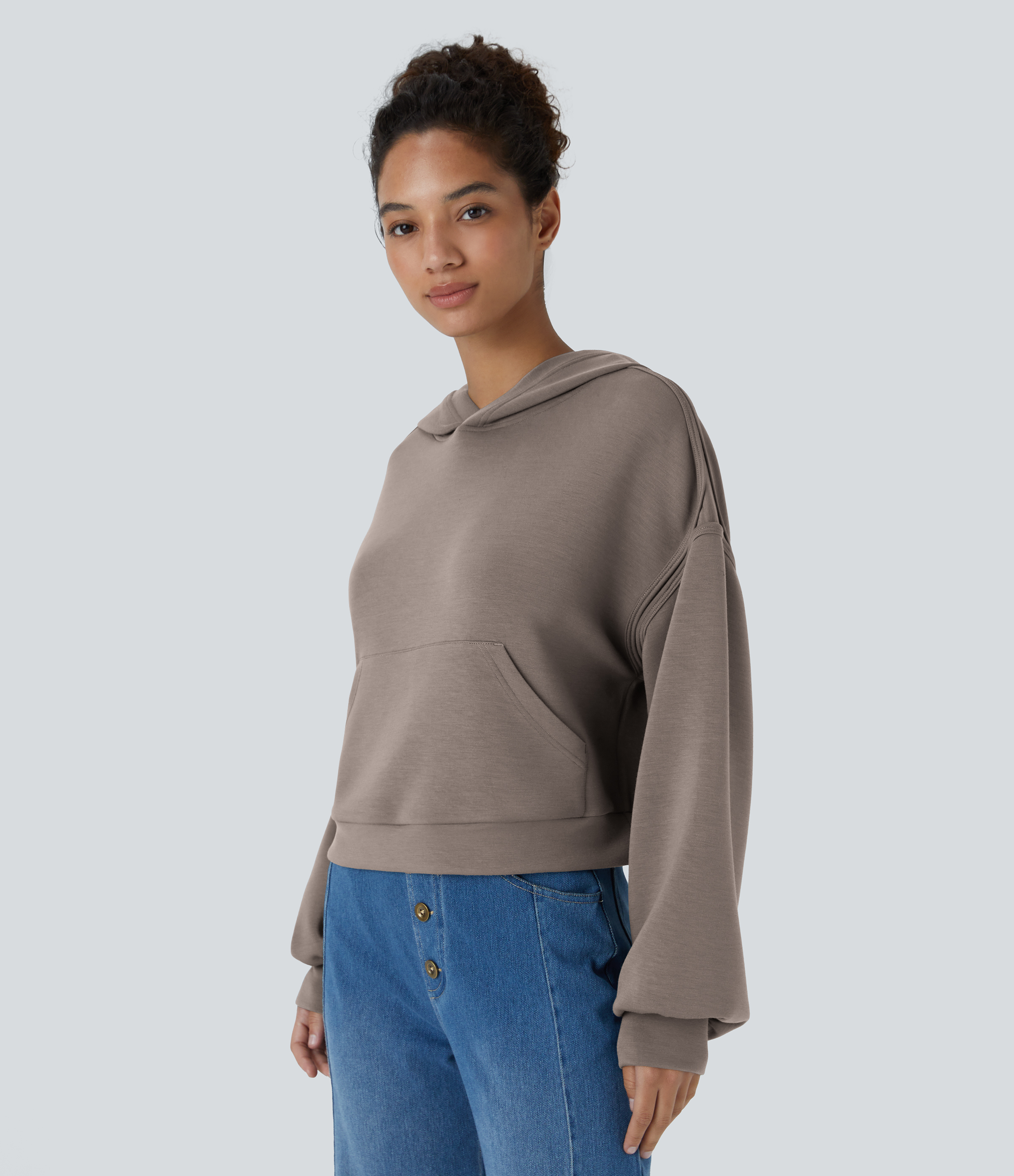Halara SpacerTekв„ў Hooded Dropped Shoulder Kangaroo Pocket Cropped Relax Casual Sweatshirt  - Cinder - XS 
