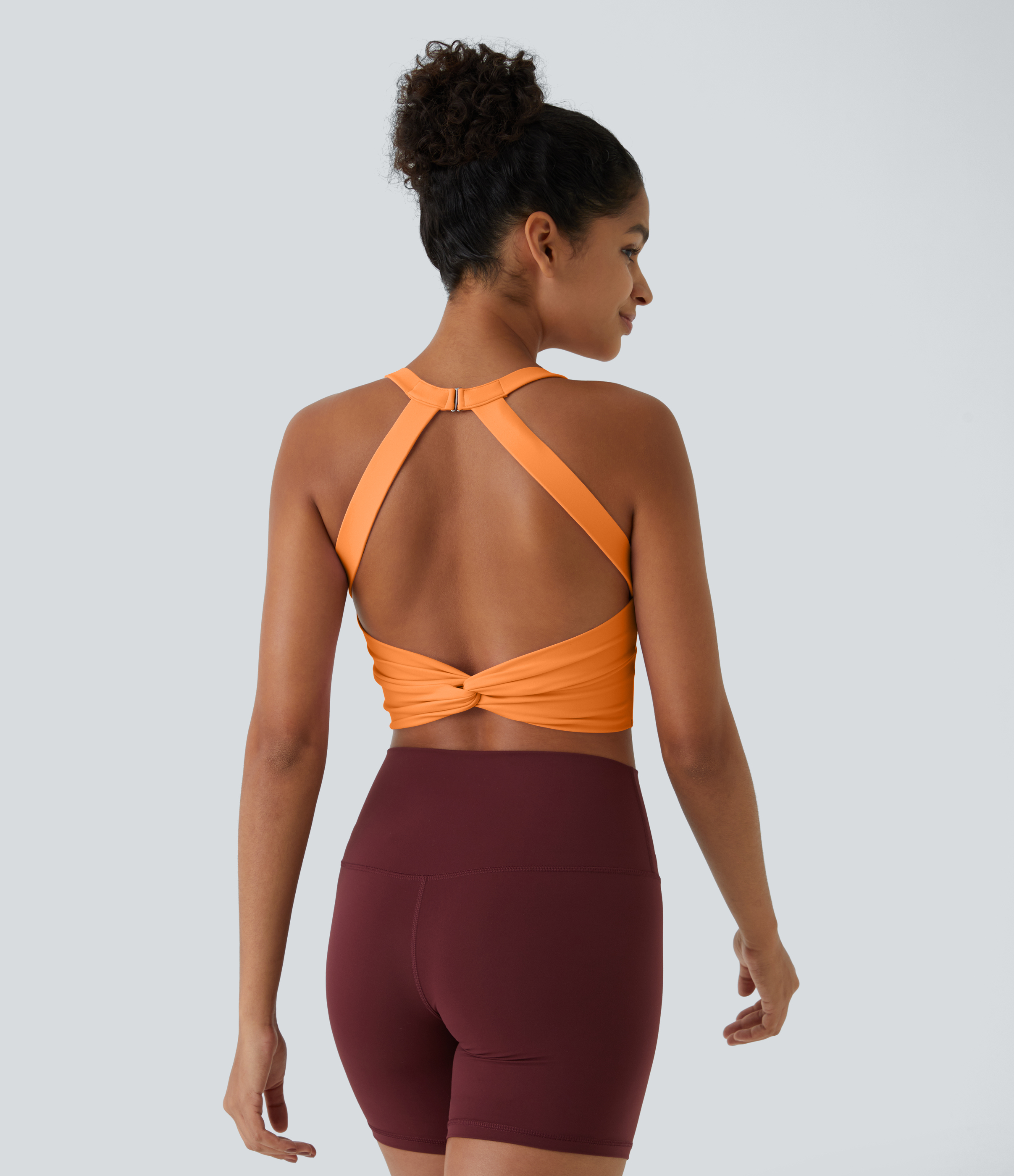 Halara Softlyzeroв„ў Plush Backless Cut Out Twisted Cropped Yoga Tank Top Tank Top - Sun Orange - L golf tops halter top tunic tops 