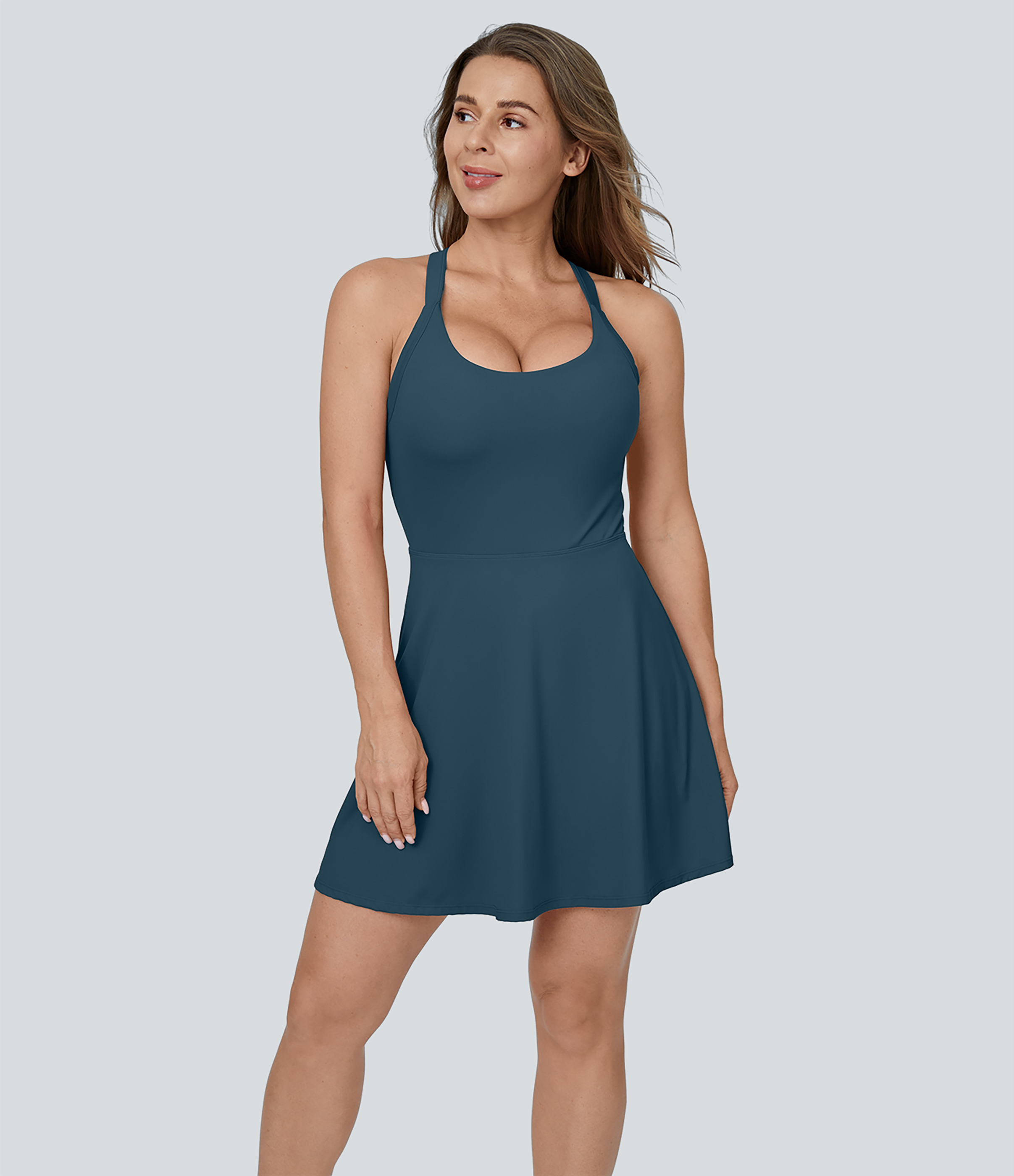 Halara Backless Twisted Flare Mini Dance Active Dress-DD/DDD/F Cups Workout Dress - Majolica Blue - XL 