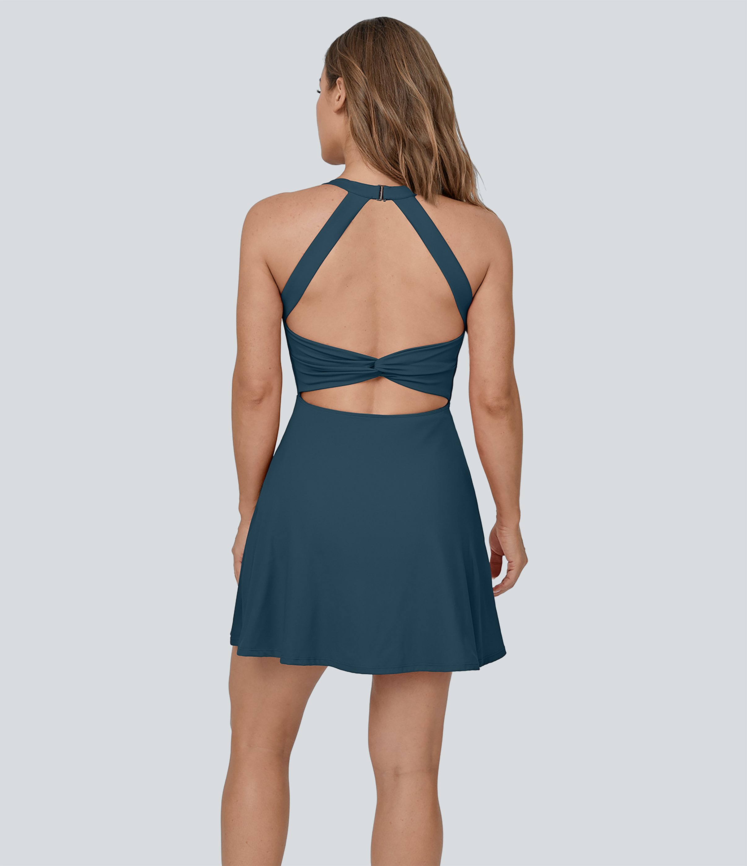 Halara Backless Twisted Flare Mini Dance Active Dress-DD/DDD/F Cups Workout Dress - Majolica Blue - XL 