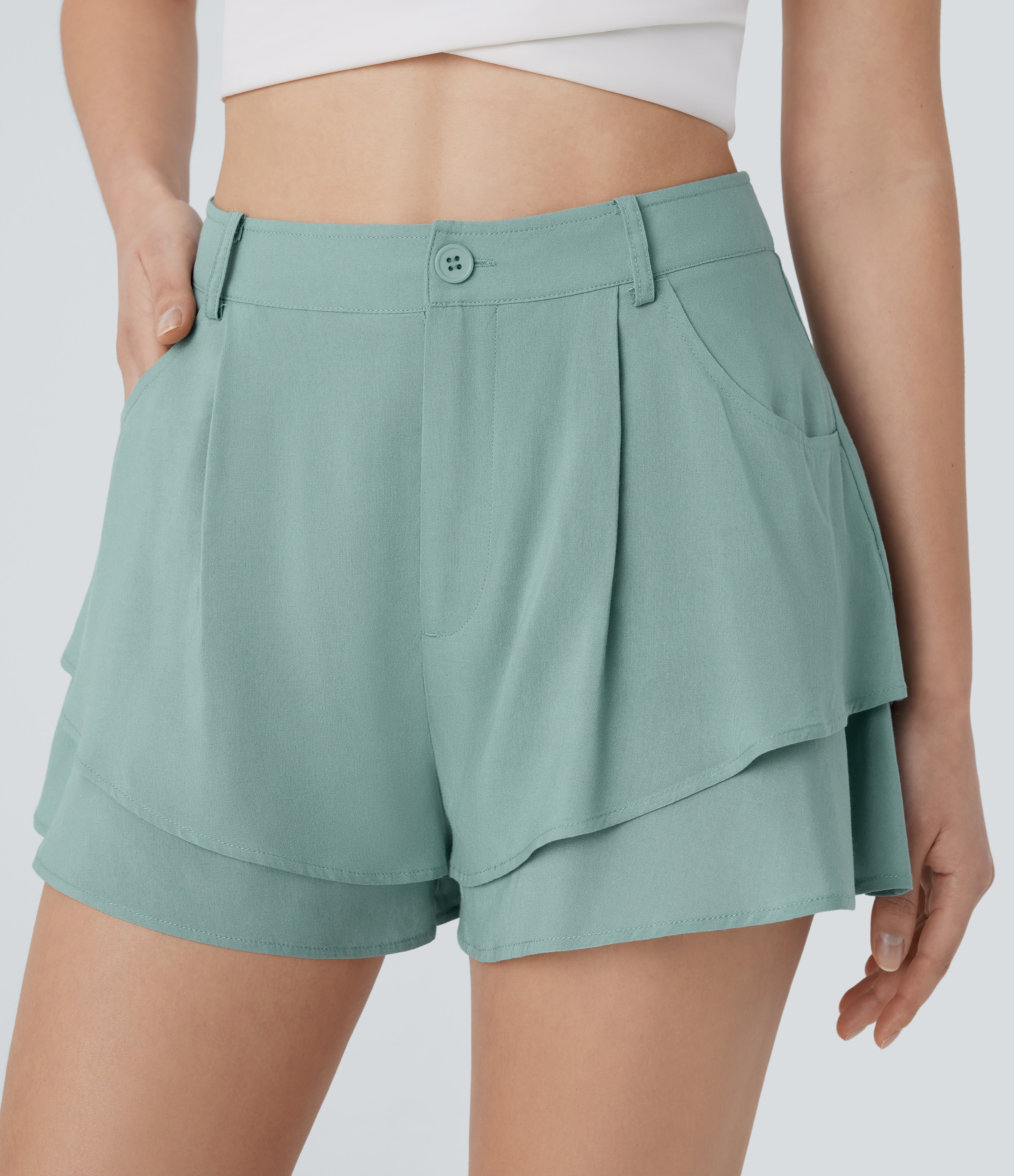 Halara High Waisted Button Zipper Side Pocket Tiered Resort Shorts  - Smoky Cyan - L booty shorts compression shorts yoga shorts 
