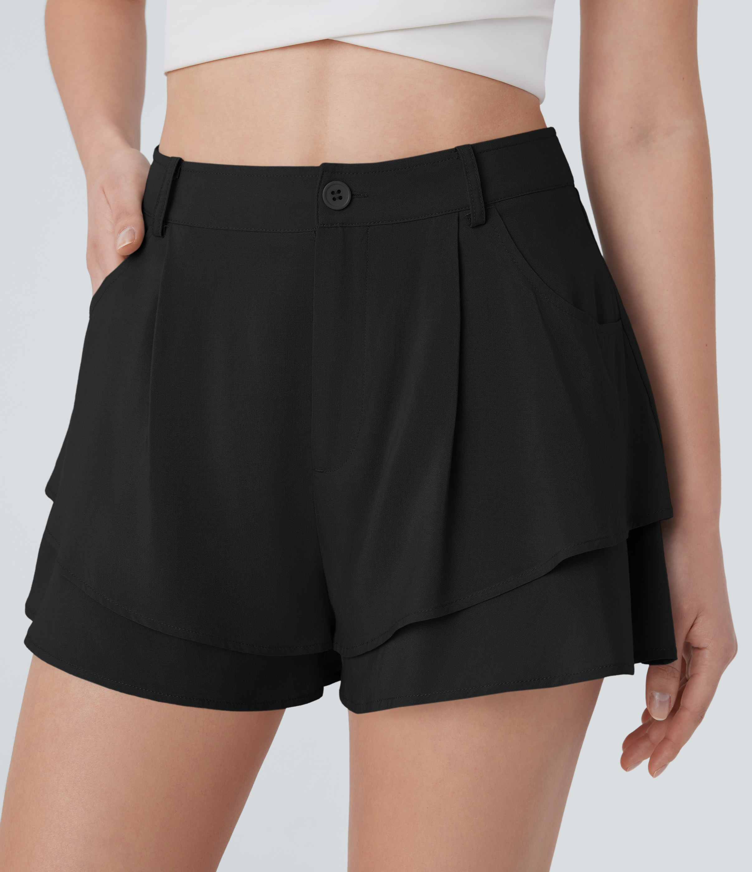 Halara High Waisted Button Zipper Side Pocket Tiered Resort Shorts  - Black - XL booty shorts compression shorts yoga shorts 