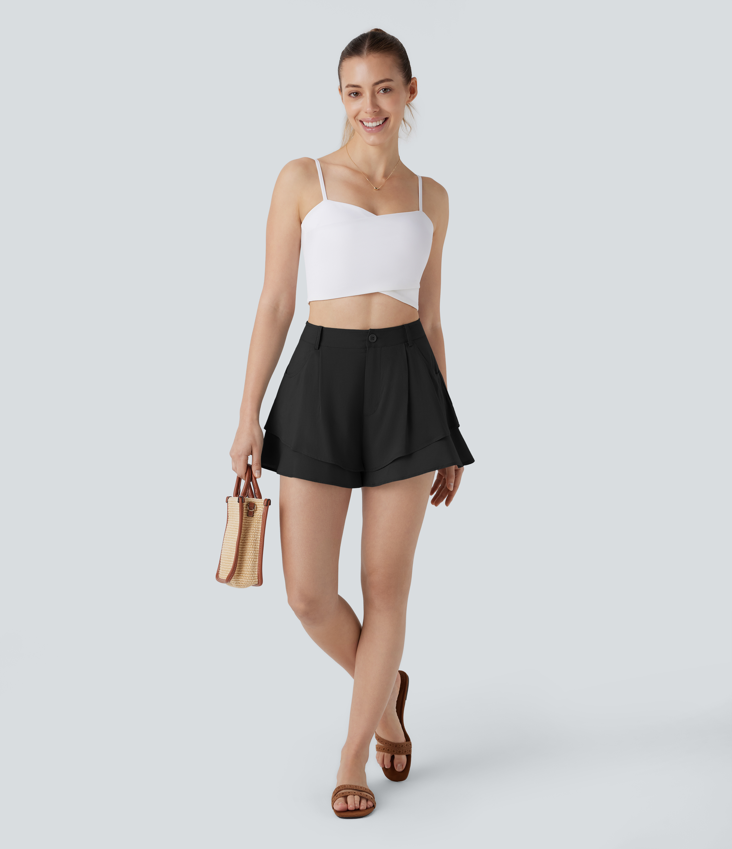 Halara High Waisted Button Zipper Side Pocket Tiered Resort Shorts  - Black - XL booty shorts compression shorts yoga shorts 