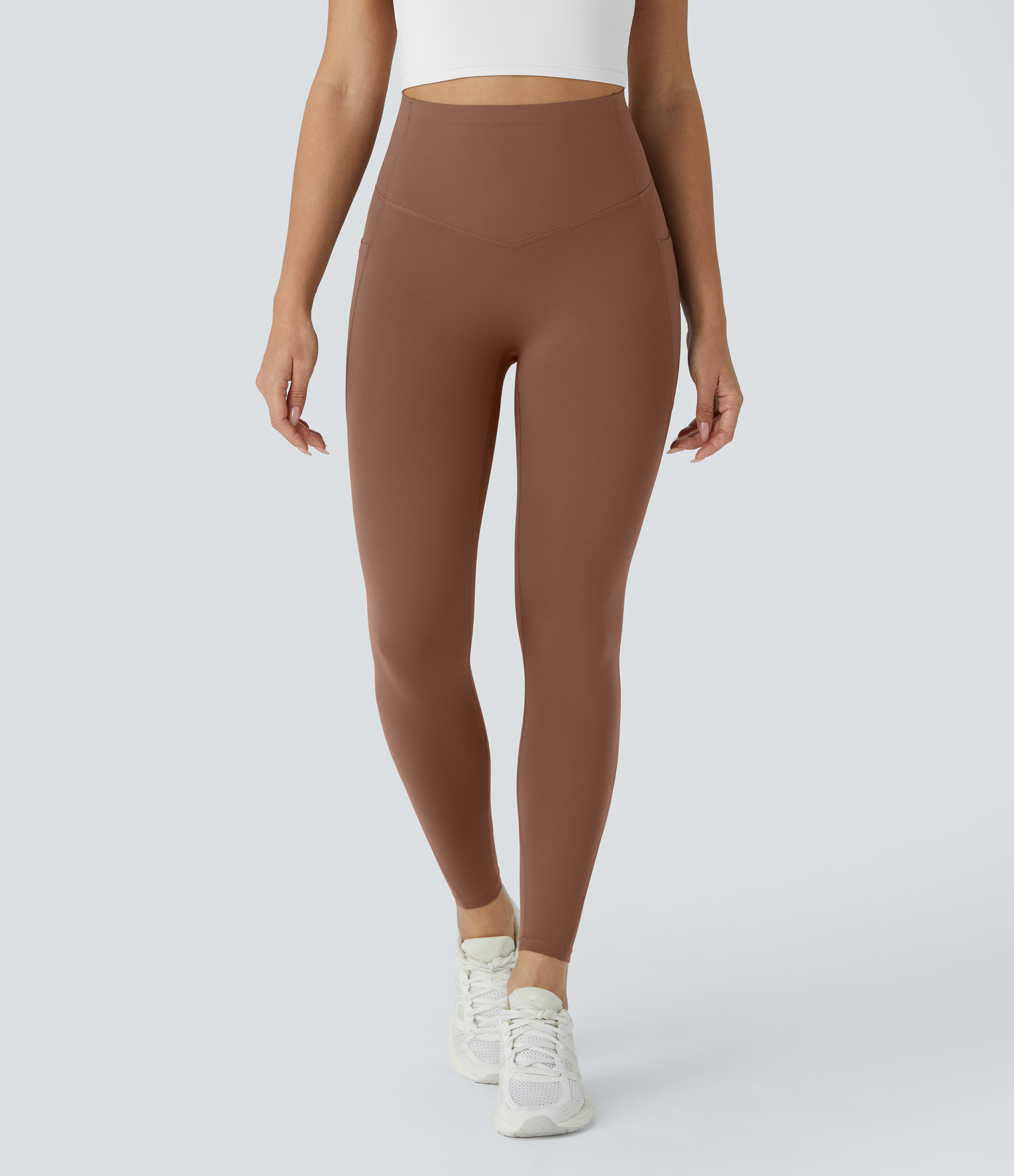 Halara SoCinched High Waisted Butt Lifting Tummy Control Side Pocket Shaping Workout UltraSculpt Leggings  - Thick Earthy Brown - M(7/8) 
