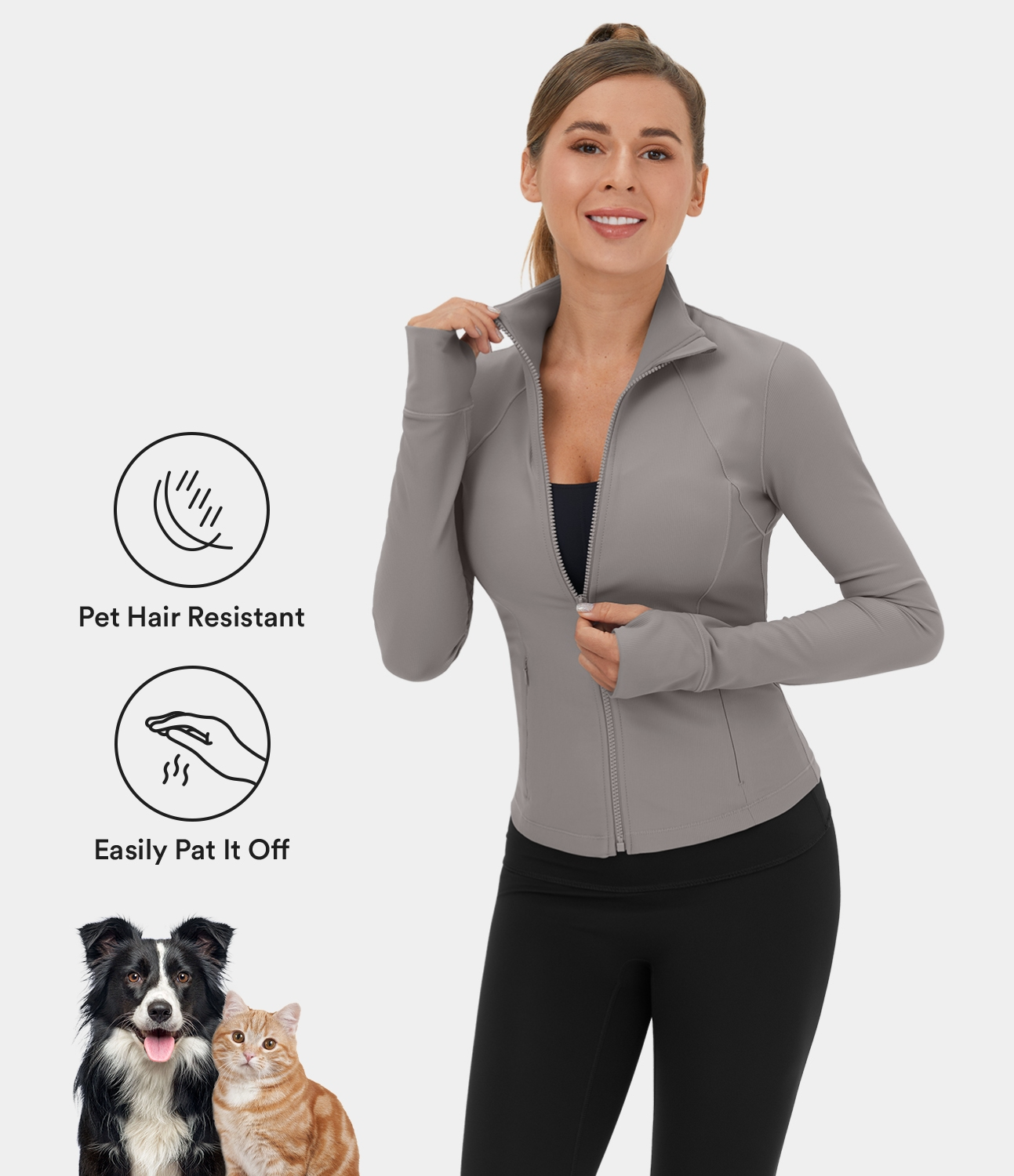 Halara PatitoffВ® Flow Pet Hair Resistant Stand Collar Zipper Side Pocket Thumb Hole Cropped Casual Jacket  - Steel Gray - L 