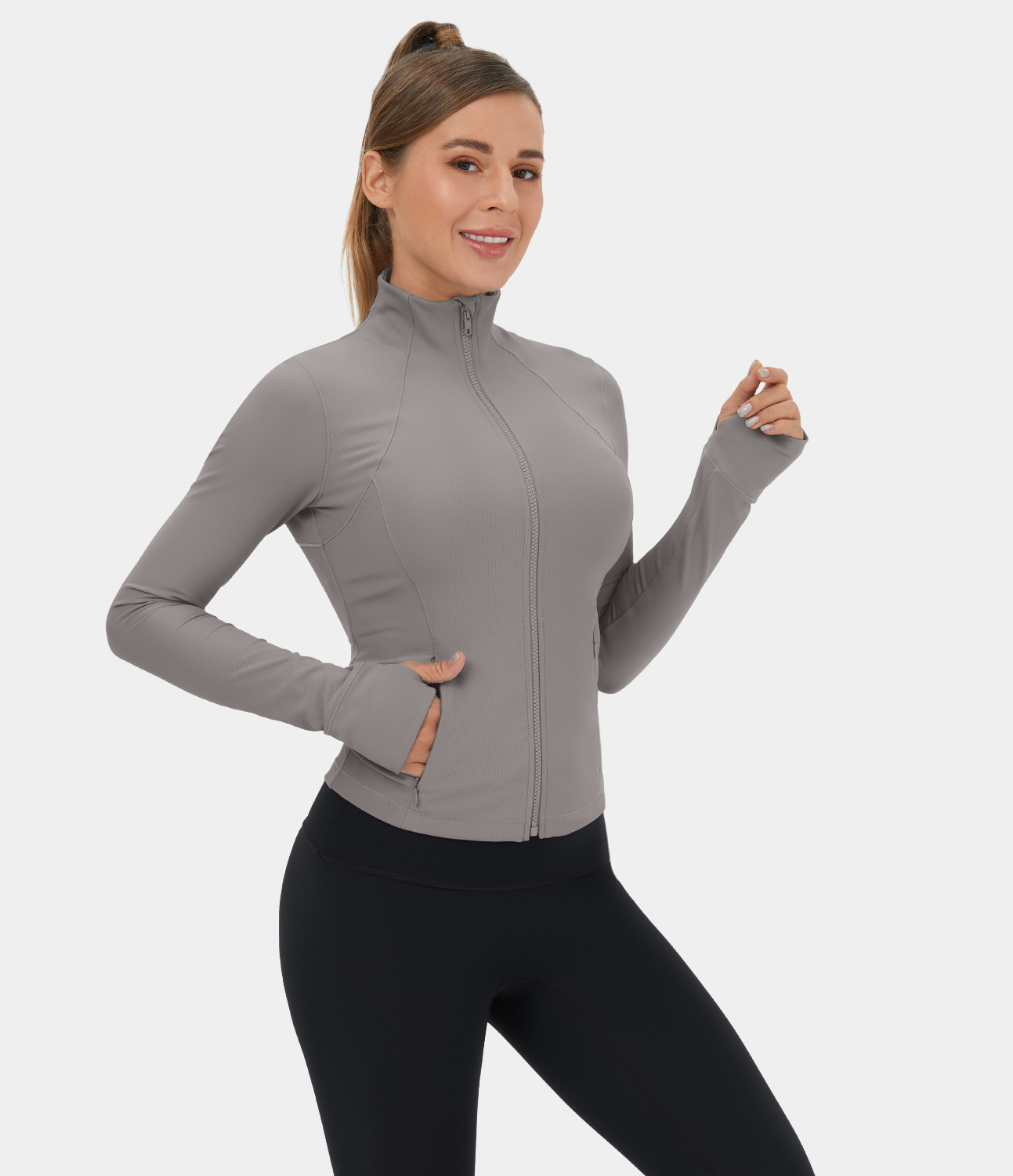 Halara PatitoffВ® Flow Pet Hair Resistant Stand Collar Zipper Side Pocket Thumb Hole Cropped Casual Jacket  - Steel Gray - L 