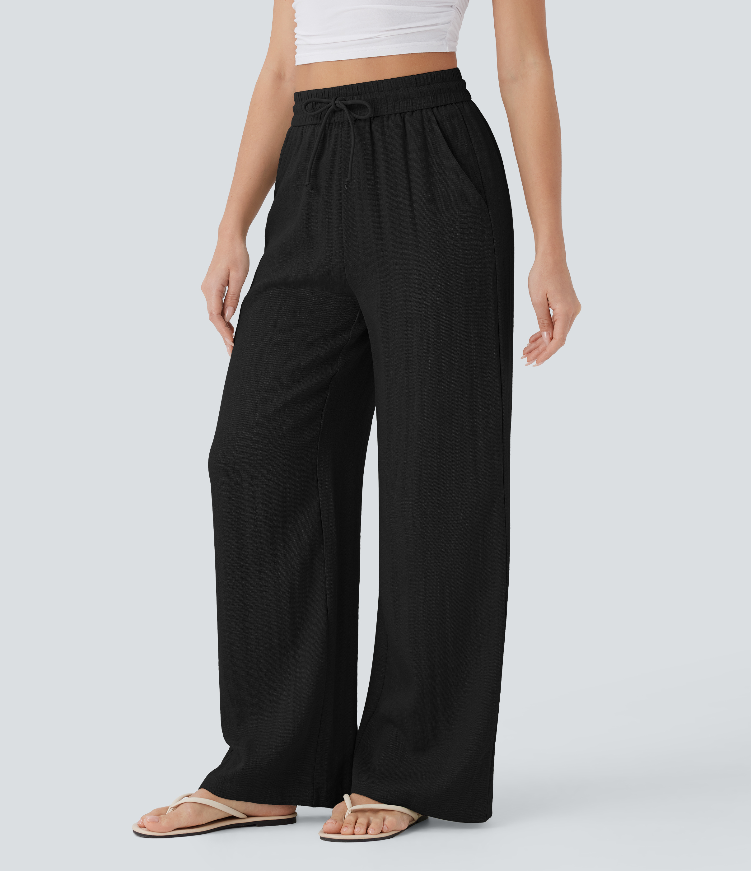 Halara High Waisted Drawstring Side Pocket Wide Leg Casual Pants  - Black - XL(regular) sweatpants jogger pants stacked sweatpants 
