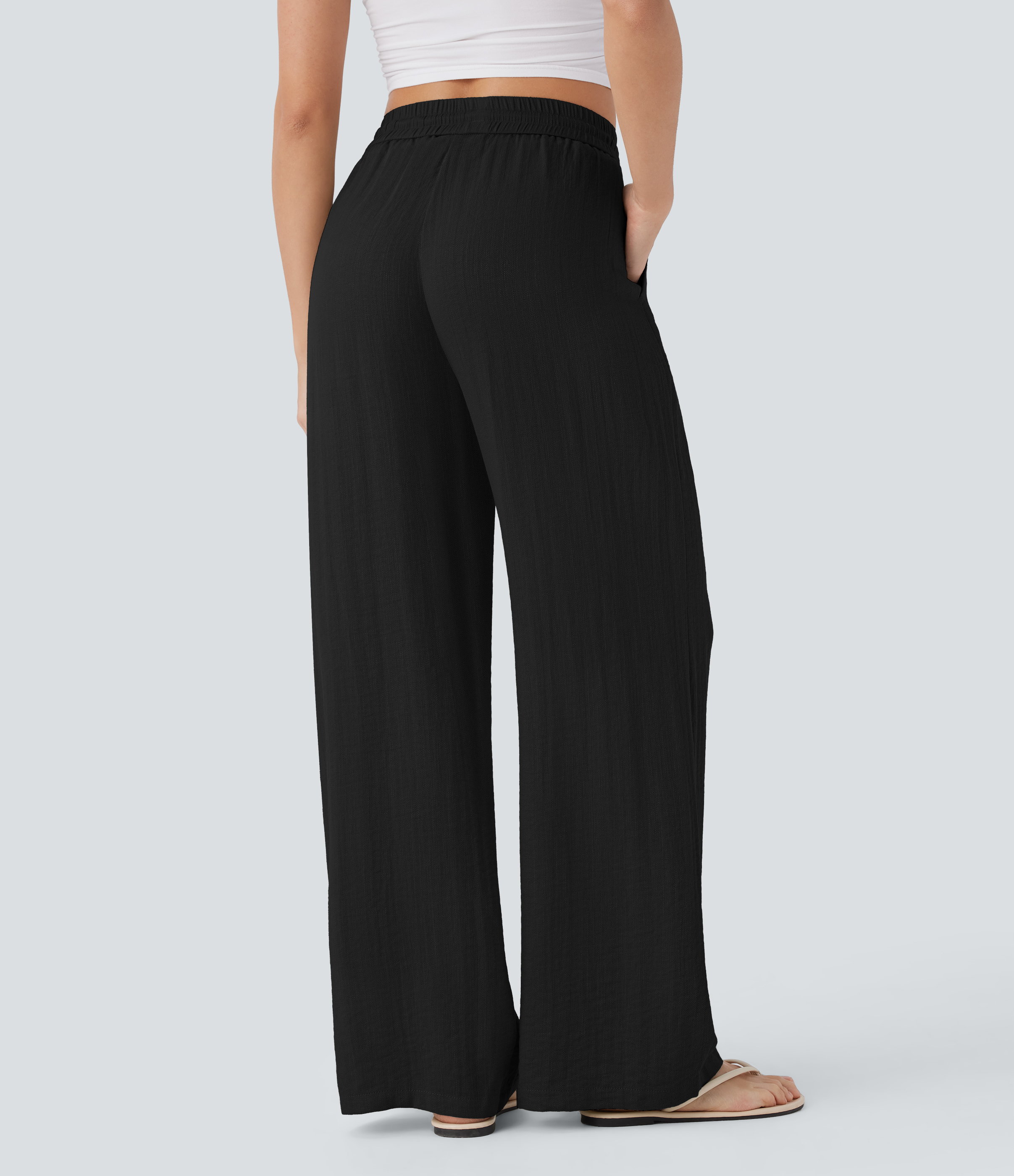 Halara High Waisted Drawstring Side Pocket Wide Leg Casual Pants  - Black - XL(regular) sweatpants jogger pants stacked sweatpants 