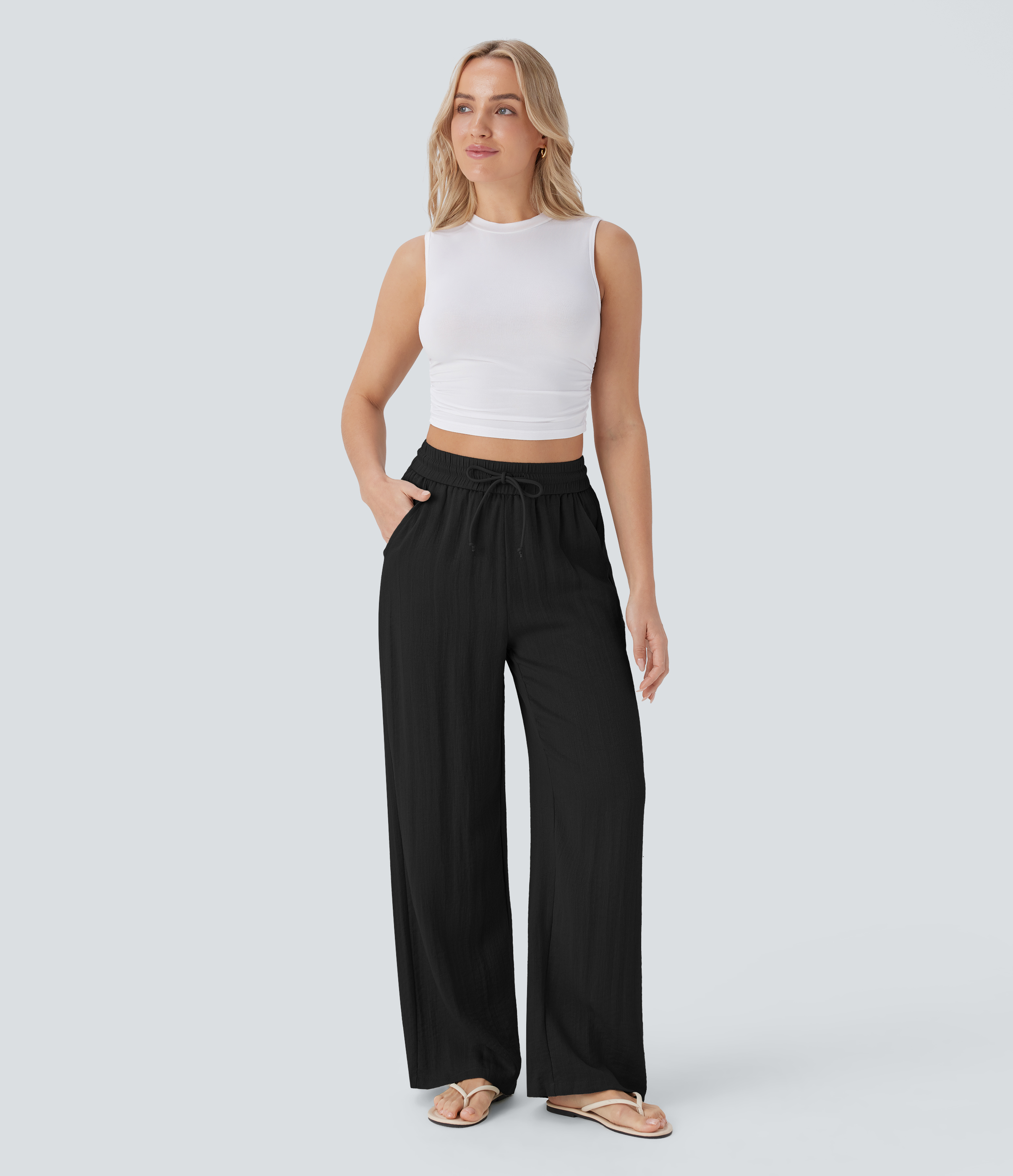 Halara High Waisted Drawstring Side Pocket Wide Leg Casual Pants  - Black - XL(regular) sweatpants jogger pants stacked sweatpants 