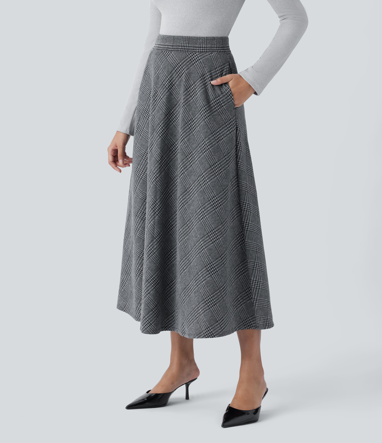 Halara High Waisted Side Pocket Houndstooth Plaid Flare Midi Casual Skirt  - Dark Gray Plaid - XS(regular) 