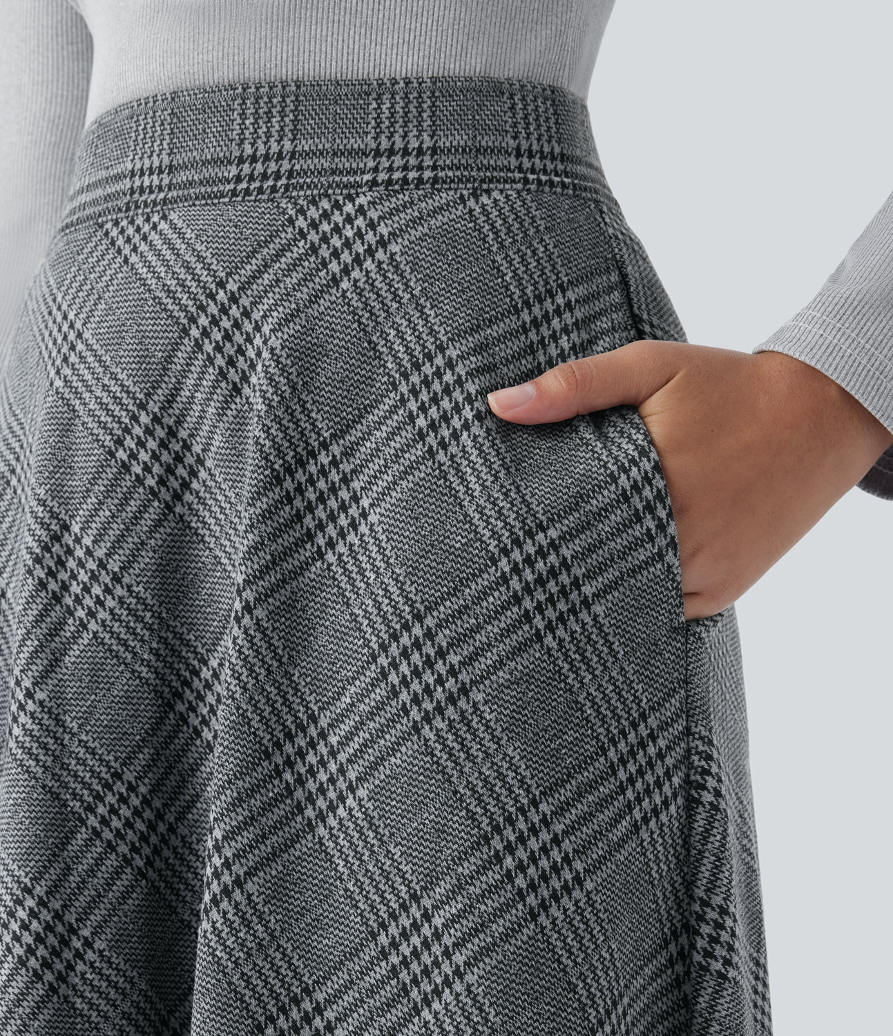 Halara High Waisted Side Pocket Houndstooth Plaid Flare Midi Casual Skirt  - Dark Gray Plaid - XS(regular) 