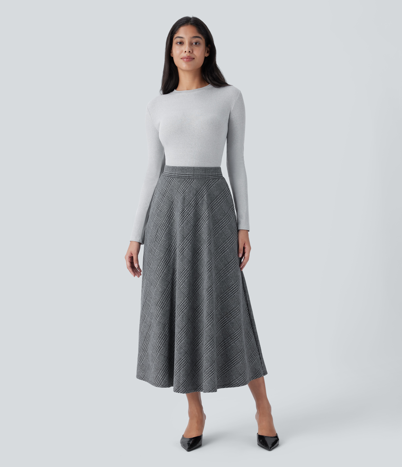 Halara High Waisted Side Pocket Houndstooth Plaid Flare Midi Casual Skirt  - Dark Gray Plaid - XS(regular) 