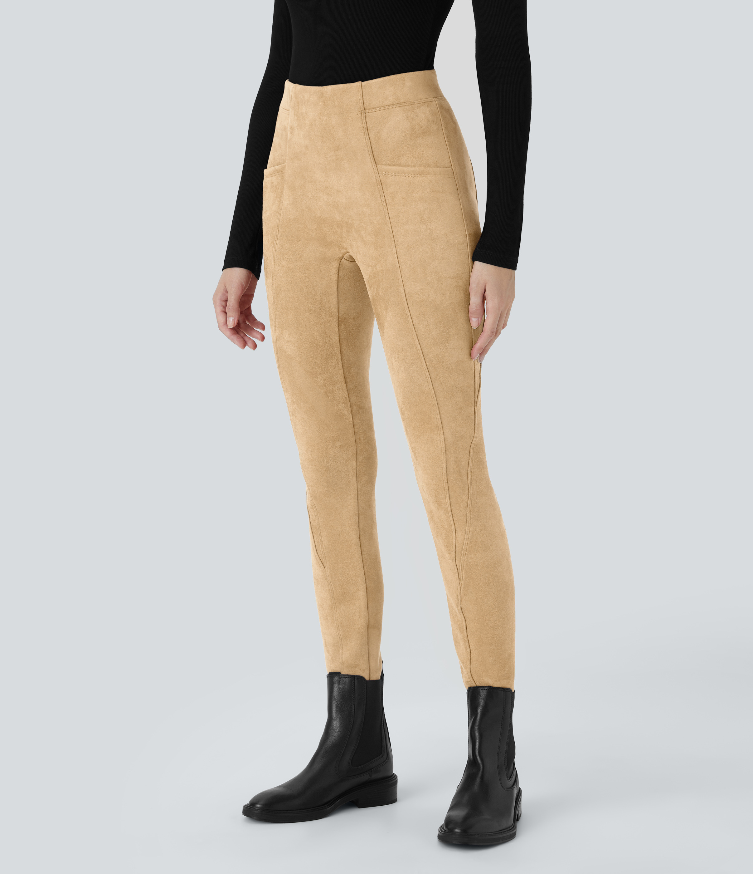 Halara High Waisted Tummy Control Side Pocket Suede Casual Leggings  - Marzipan - XS(7/8) gym leggings leggings with pockets 