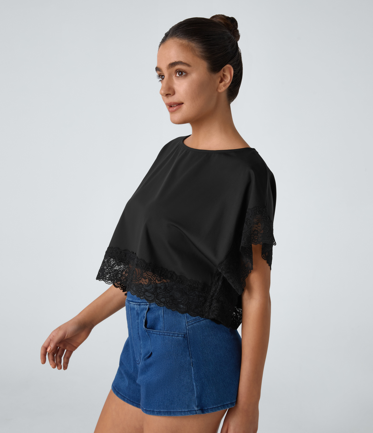 Halara Boat Neck Short Sleeve Contrast Lace Casual Top Tank Top - Black - L golf tops halter top tunic tops sleeveless tops backless top 