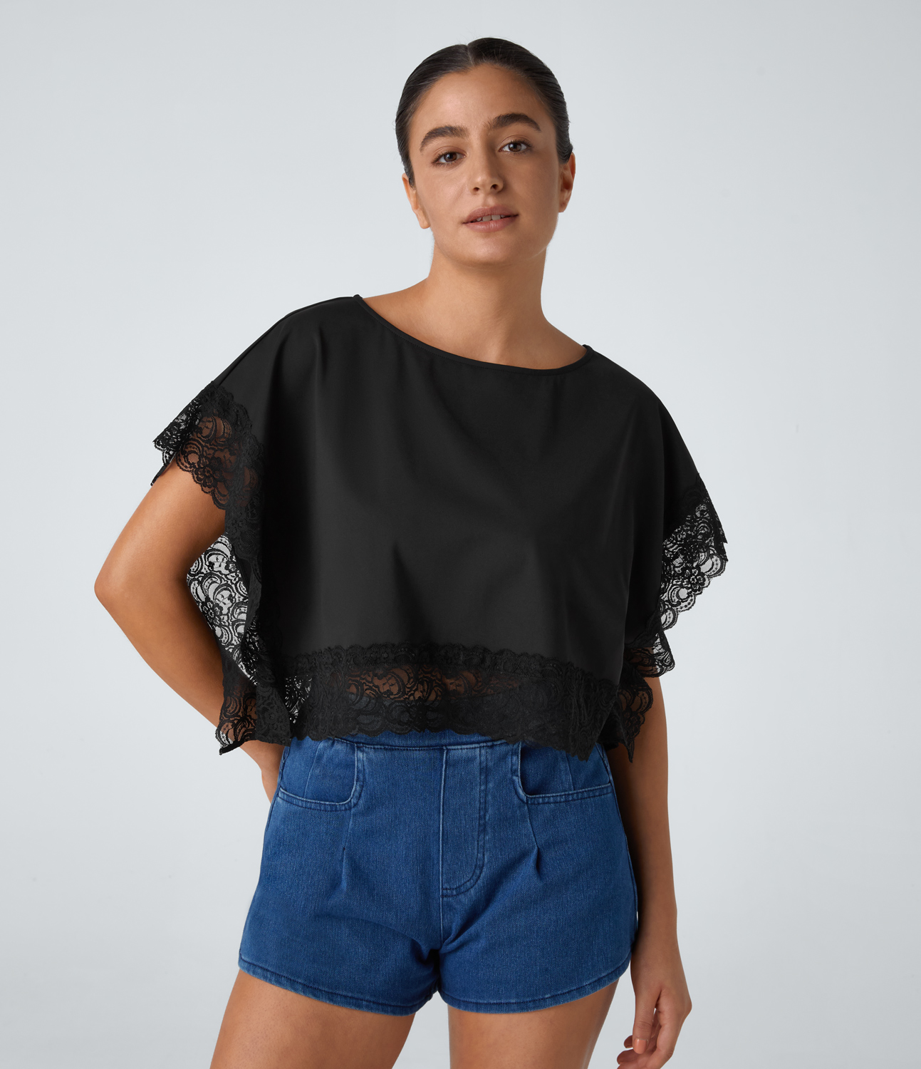 Halara Boat Neck Short Sleeve Contrast Lace Casual Top Tank Top - Black - L golf tops halter top tunic tops sleeveless tops backless top 