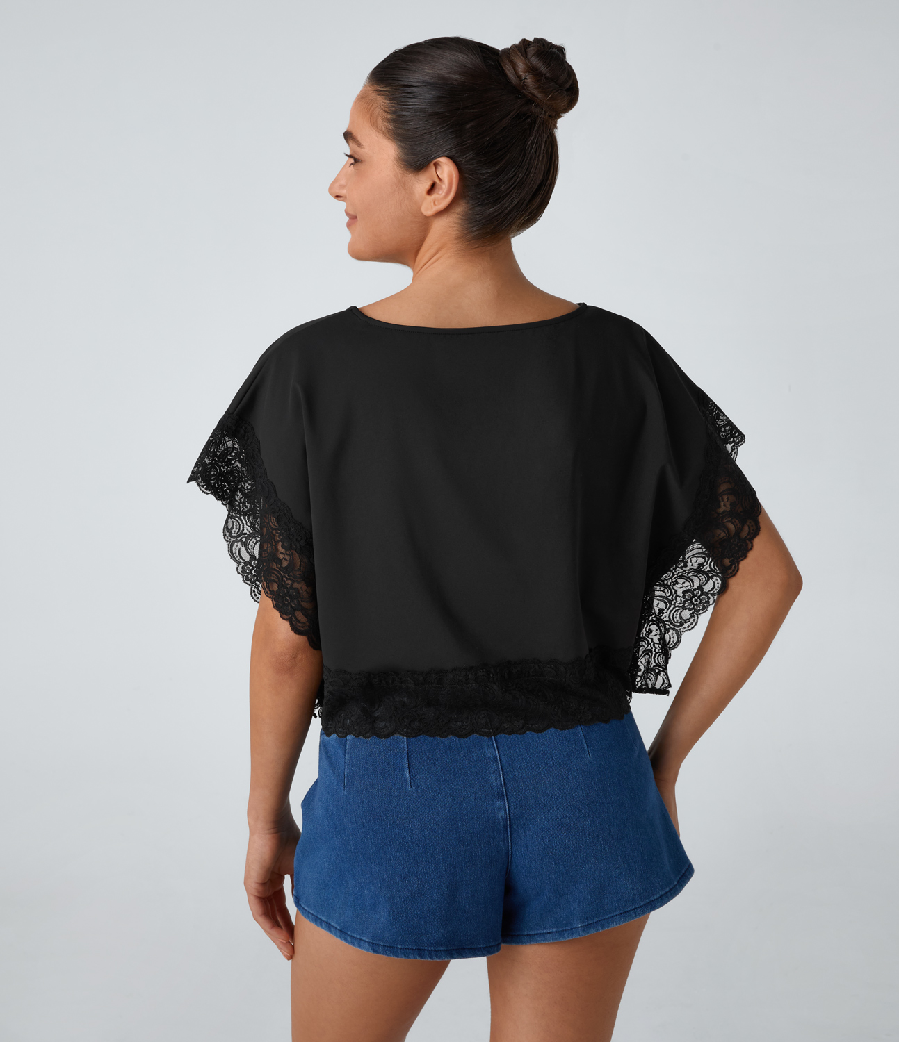 Halara Boat Neck Short Sleeve Contrast Lace Casual Top Tank Top - Black - L golf tops halter top tunic tops sleeveless tops backless top 
