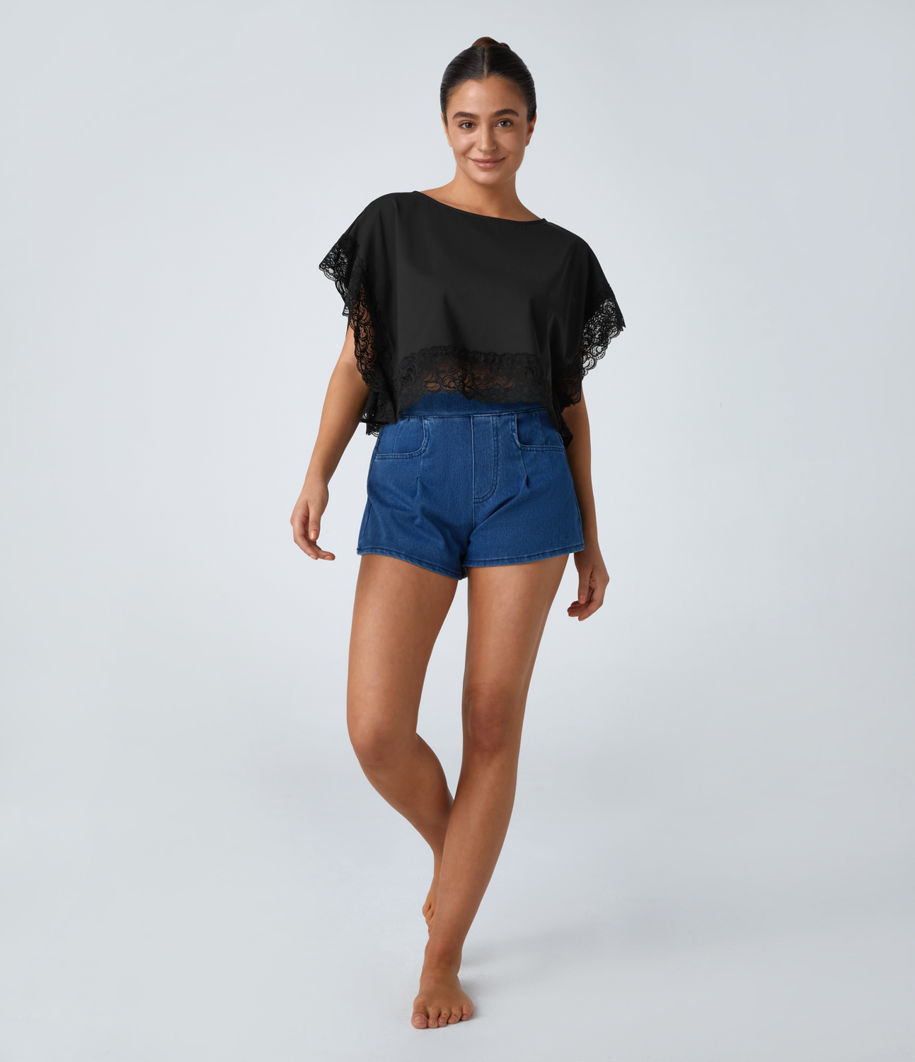 Halara Boat Neck Short Sleeve Contrast Lace Casual Top Tank Top - Black - L golf tops halter top tunic tops sleeveless tops backless top 