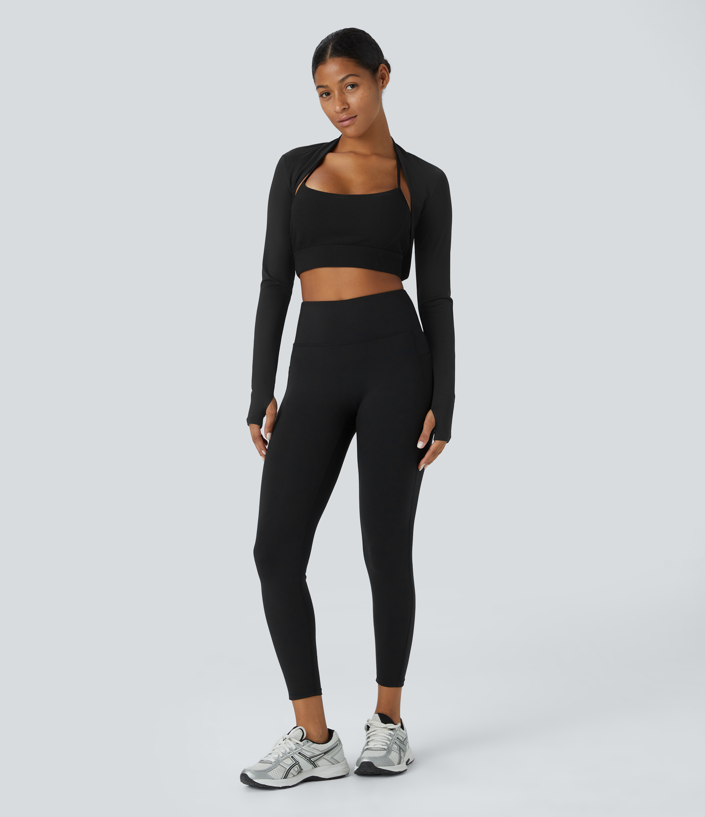 Halara Softlyzeroв„ў Airy Thumb Hole Cropped Cool Touch Casual Shrug Sports Top  - Black - S(Long) 