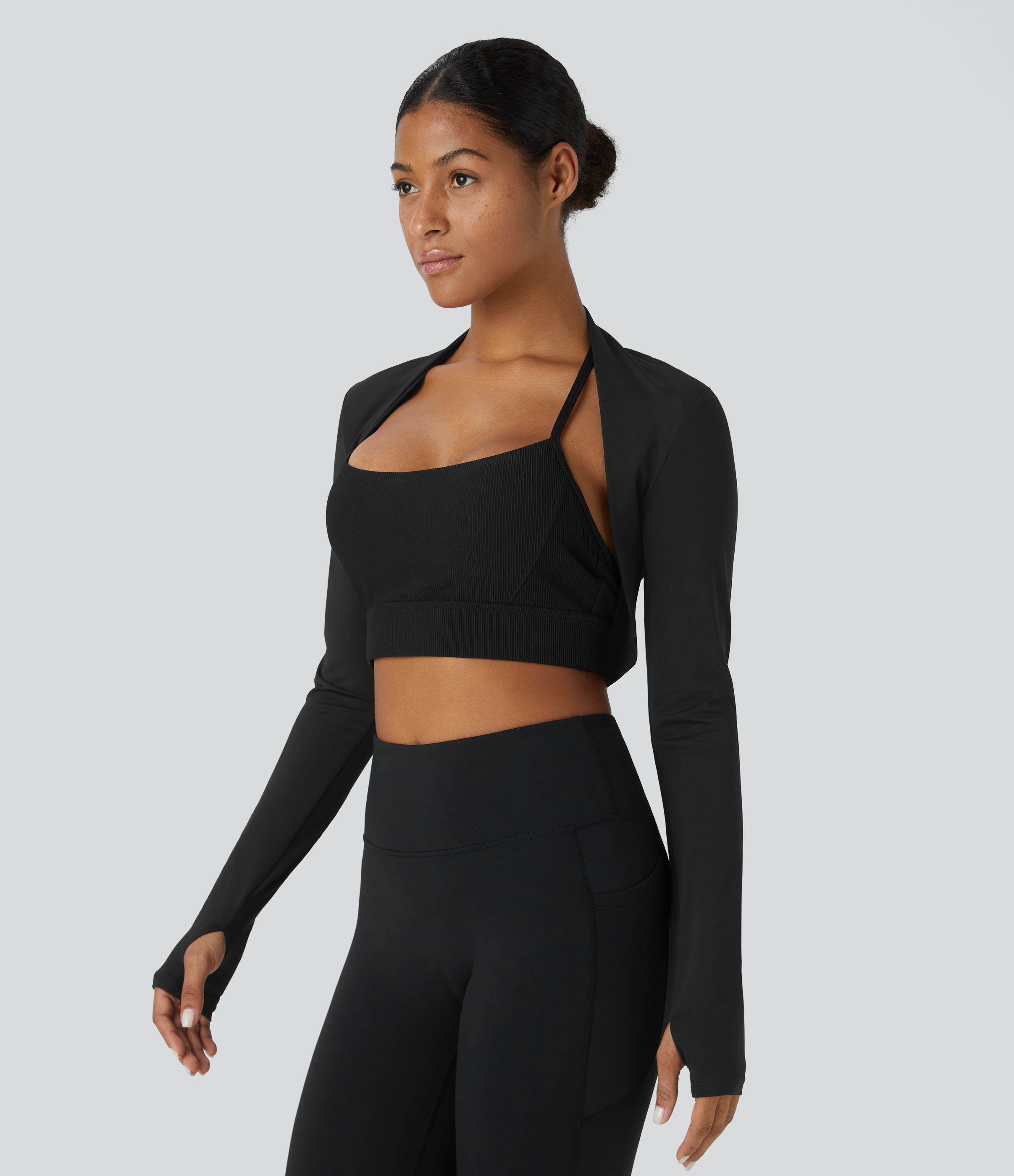 Halara Softlyzeroв„ў Airy Thumb Hole Cropped Cool Touch Casual Shrug Sports Top  - Black - S(Long) 