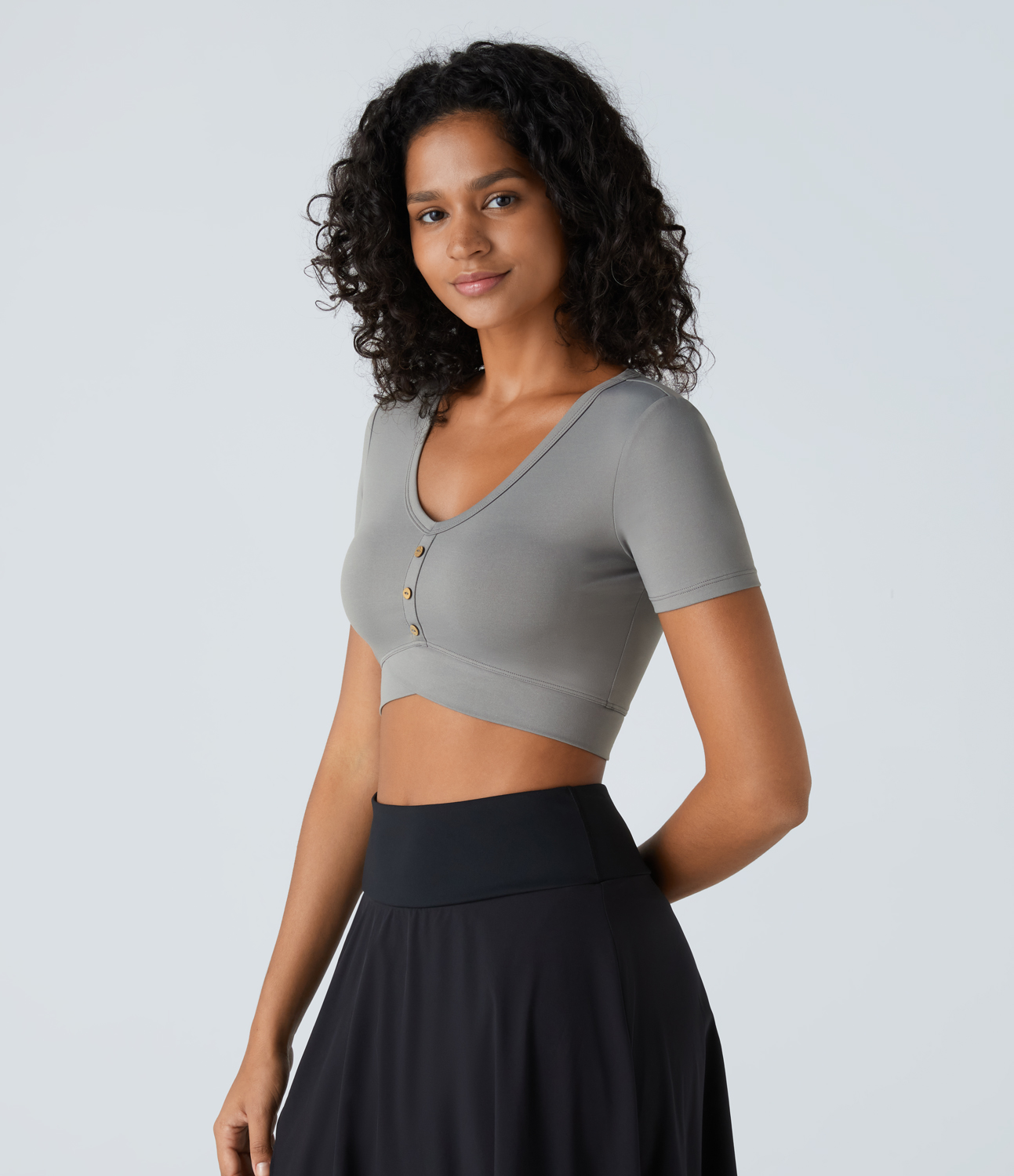 

Halara V Neck Decorative Button Crossover Hem Skinny Cropped Casual Top Tank Top - Ultimate Gray -  golf tops halter top tunic tops
