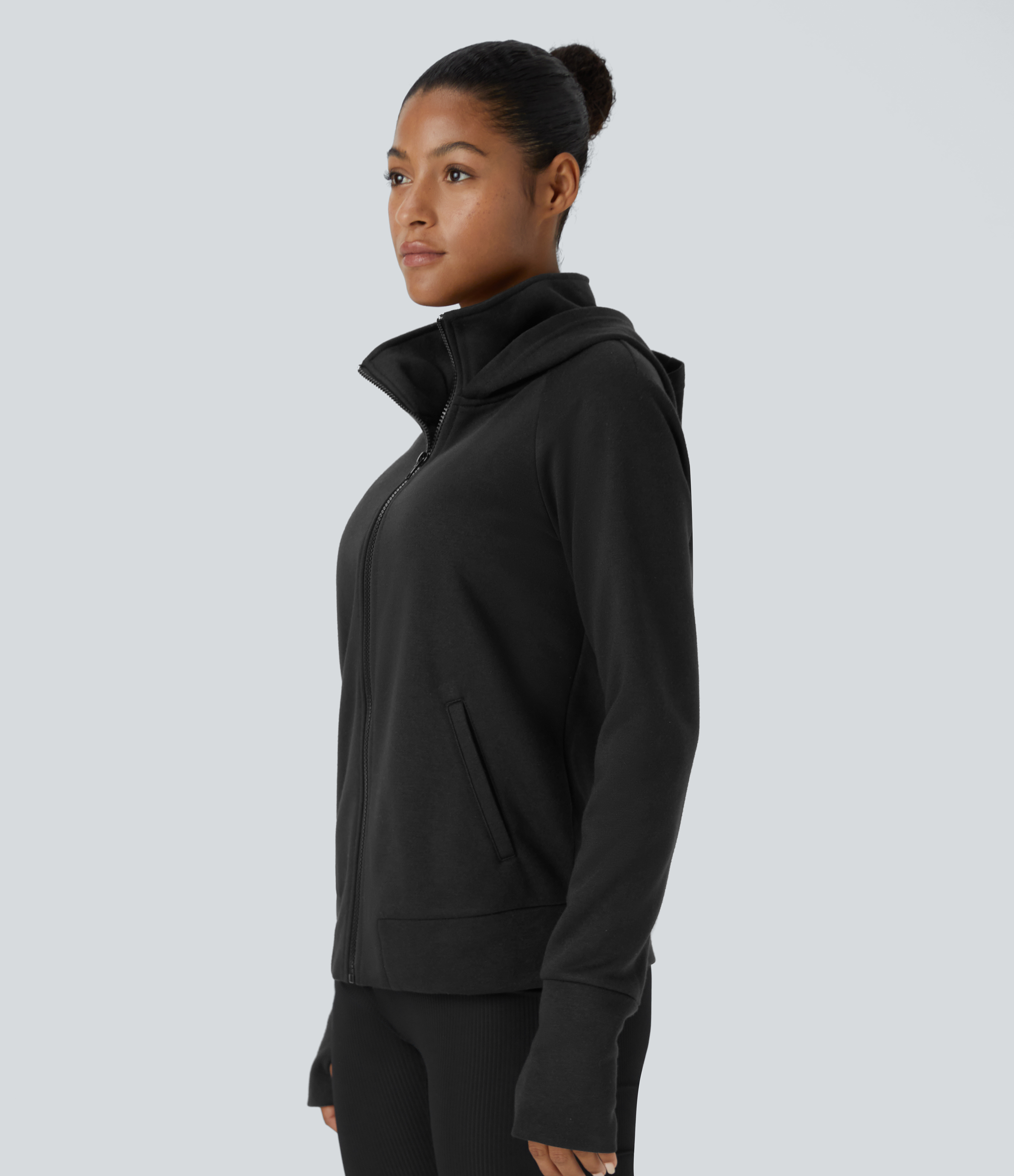 Halara Hooded Stand Collar Zipper Long Sleeve Thumb Hole Side Pocket Fleece Yoga Jacket  - Black - XL 