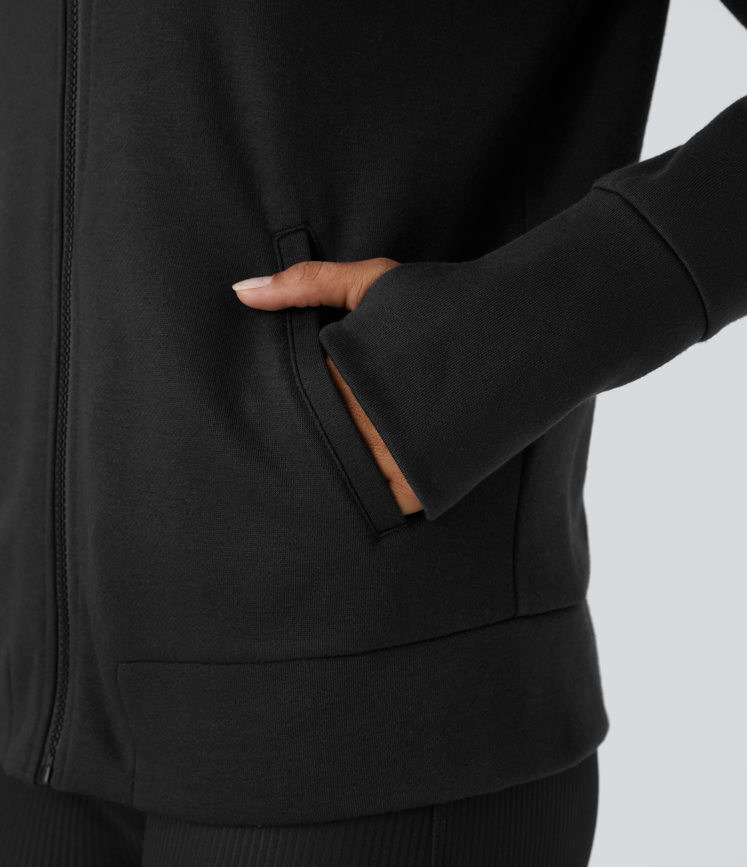 Halara Hooded Stand Collar Zipper Long Sleeve Thumb Hole Side Pocket Fleece Yoga Jacket  - Black - XL 