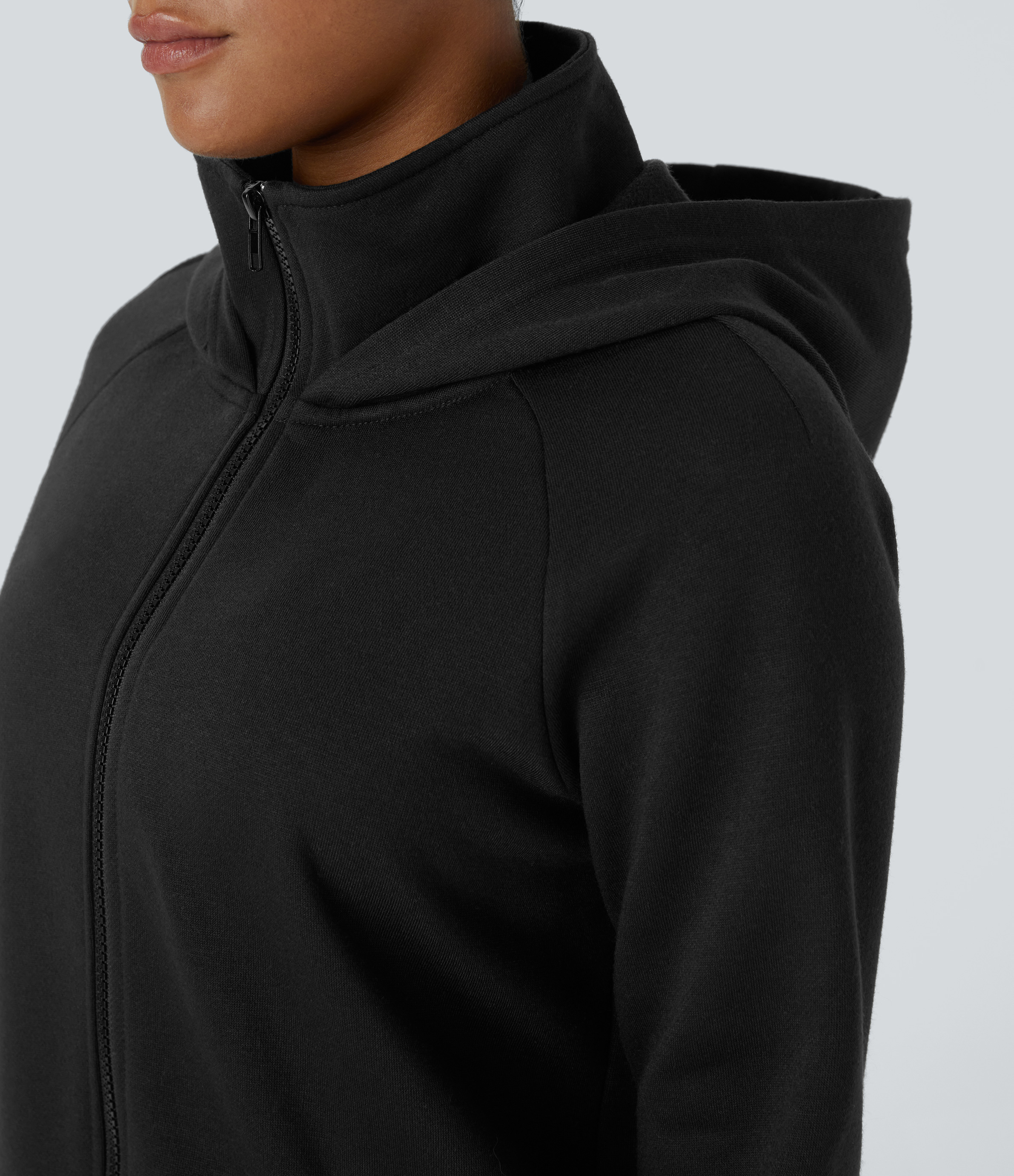 Halara Hooded Stand Collar Zipper Long Sleeve Thumb Hole Side Pocket Fleece Yoga Jacket  - Black - XL 